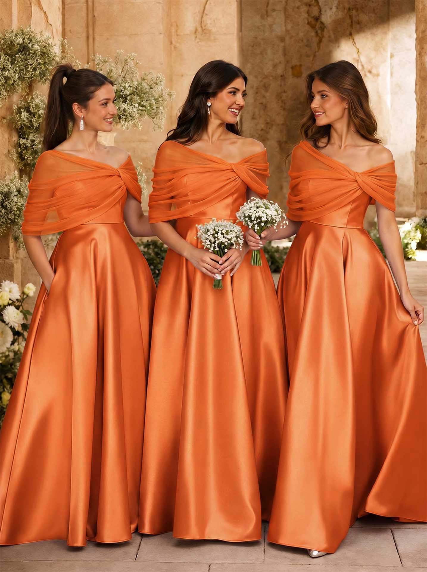 A-Line Asymmetrical Short Sleeves Sweep Train Satin Tulle Bridesmaid Dresses With Sweeping Side Drape, product image 128