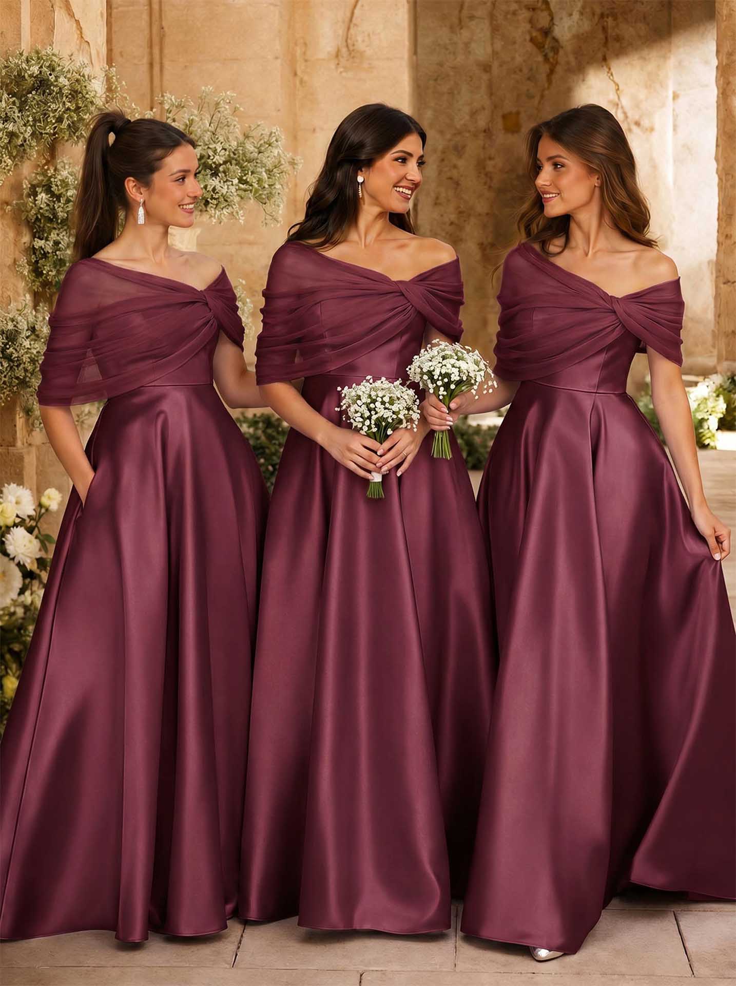 A-Line Asymmetrical Short Sleeves Sweep Train Satin Tulle Bridesmaid Dresses With Sweeping Side Drape, product image 28