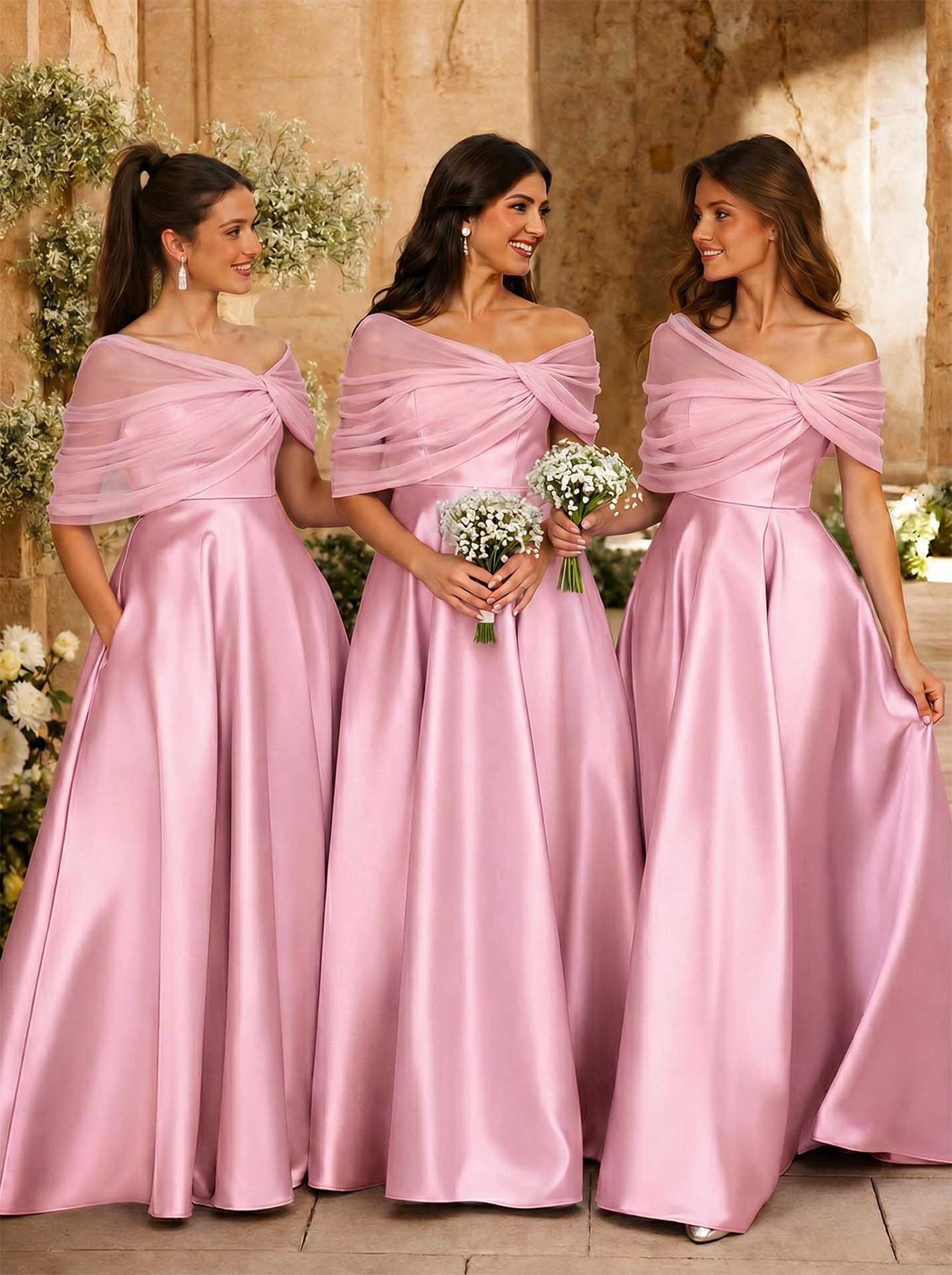 A-Line Asymmetrical Short Sleeves Sweep Train Satin Tulle Bridesmaid Dresses With Sweeping Side Drape, product image 54