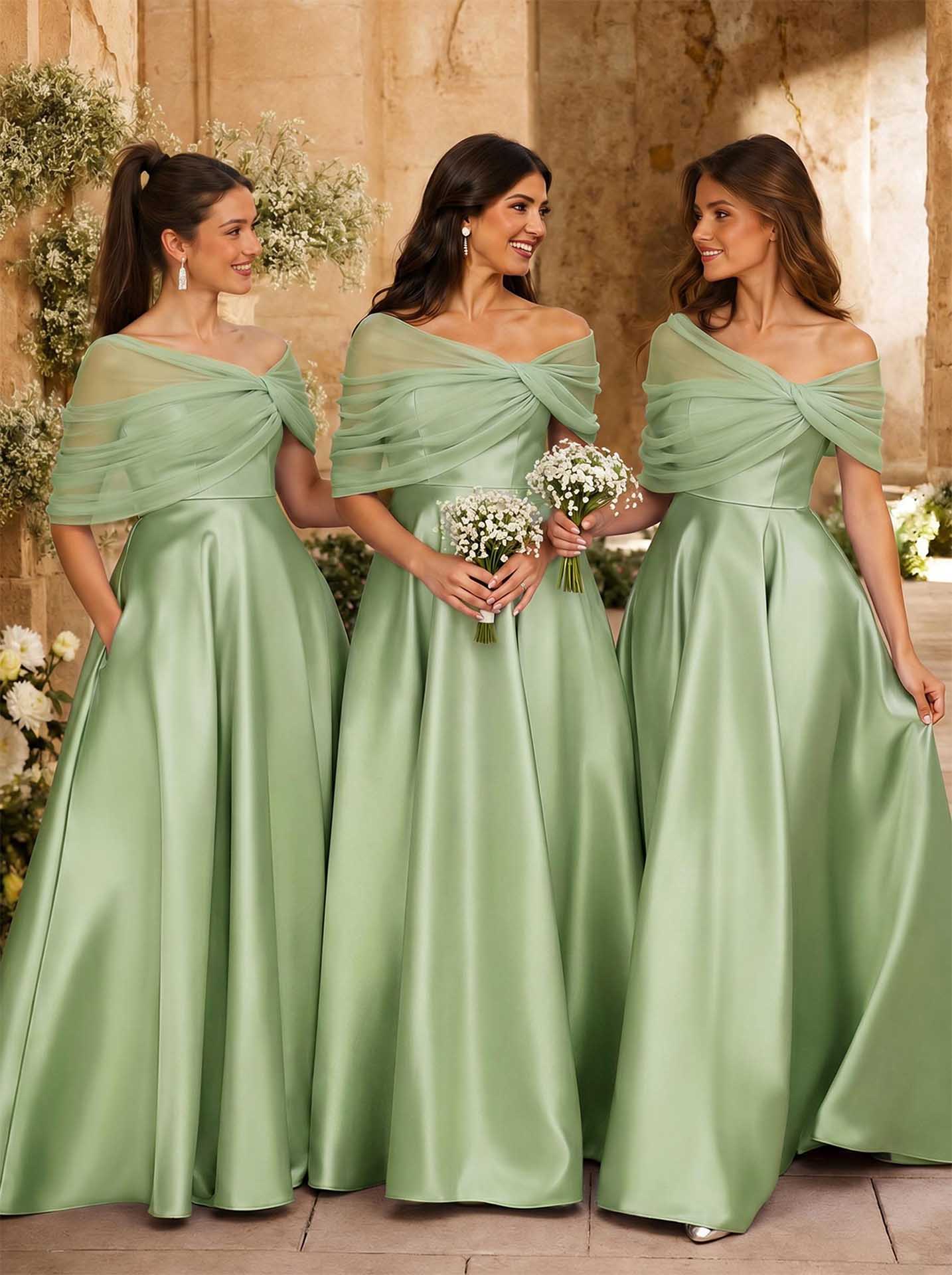 A-Line Asymmetrical Short Sleeves Sweep Train Satin Tulle Bridesmaid Dresses With Sweeping Side Drape, product image 84