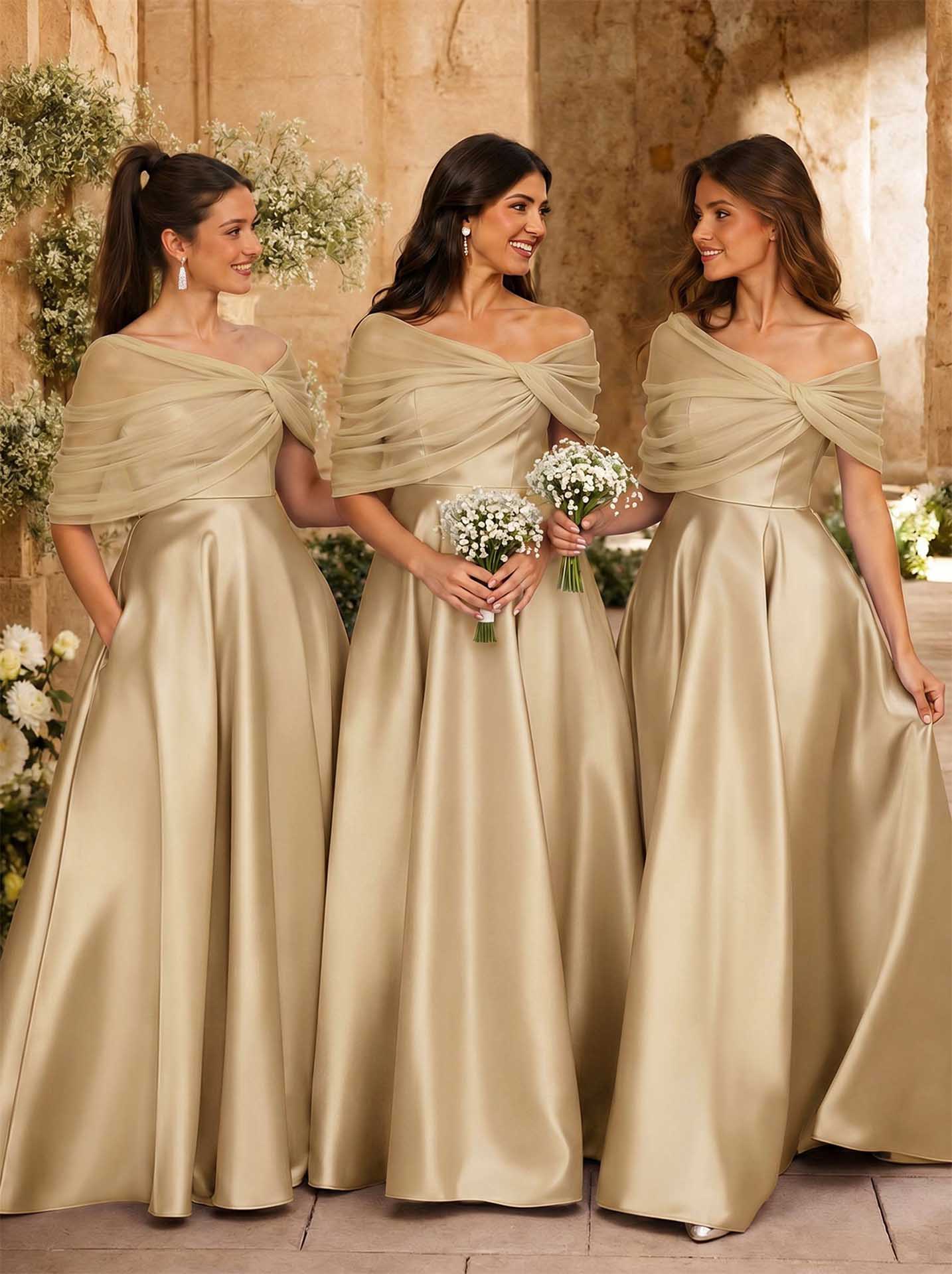 A-Line Asymmetrical Short Sleeves Sweep Train Satin Tulle Bridesmaid Dresses With Sweeping Side Drape, product image 92