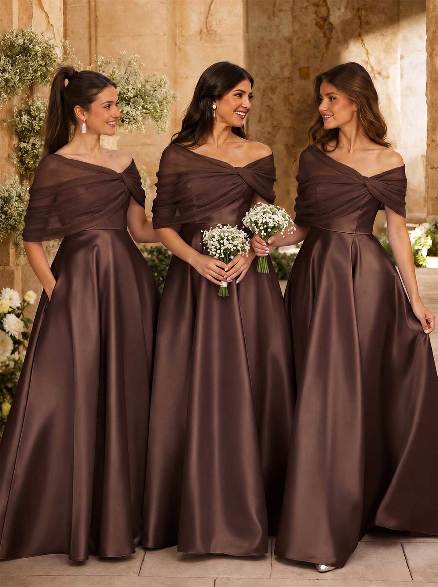 A-Line Asymmetrical Short Sleeves Sweep Train Satin Tulle Bridesmaid Dresses With Sweeping Side Drape, product image 104