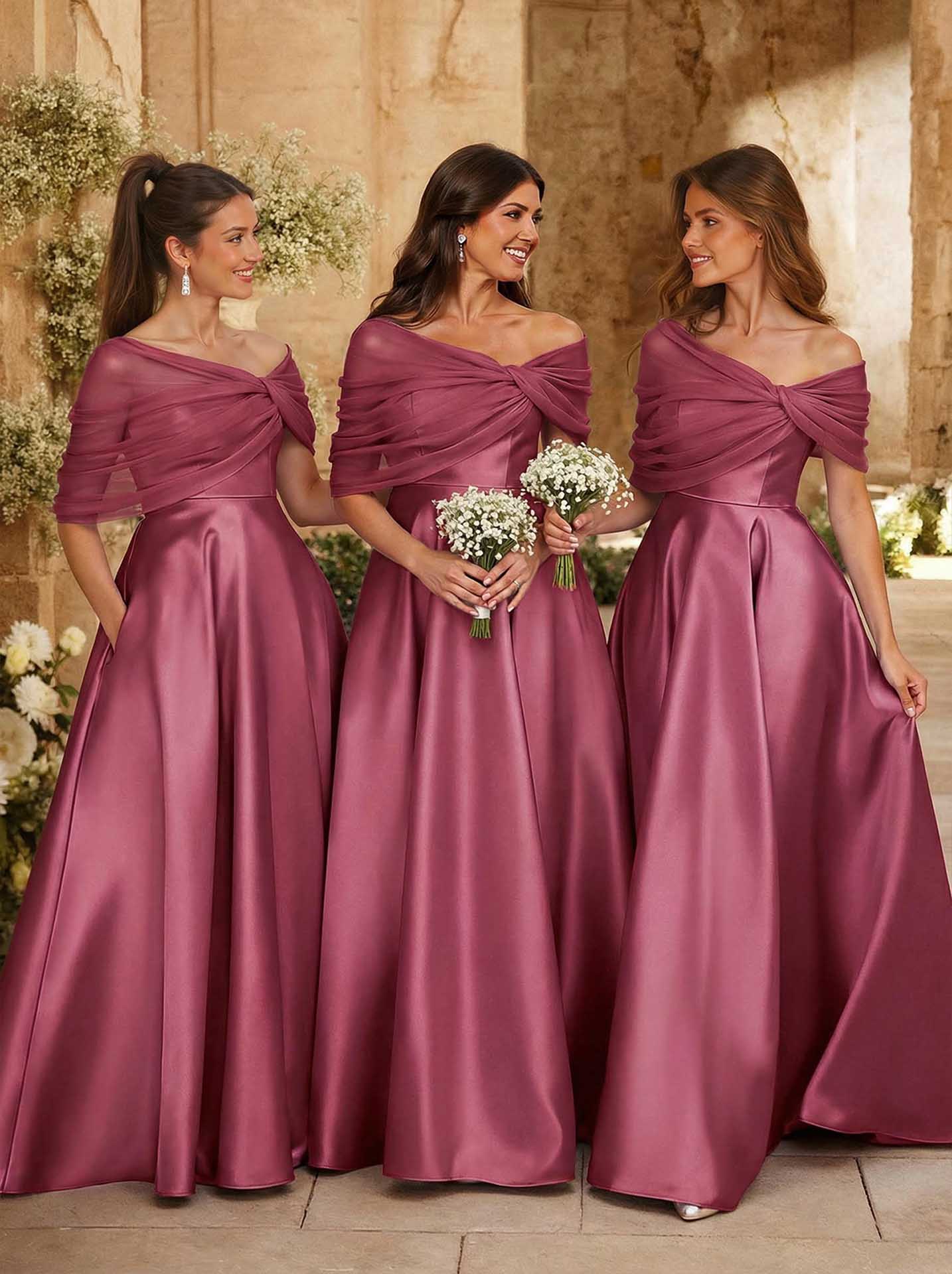 A-Line Asymmetrical Short Sleeves Sweep Train Satin Tulle Bridesmaid Dresses With Sweeping Side Drape, product image 32