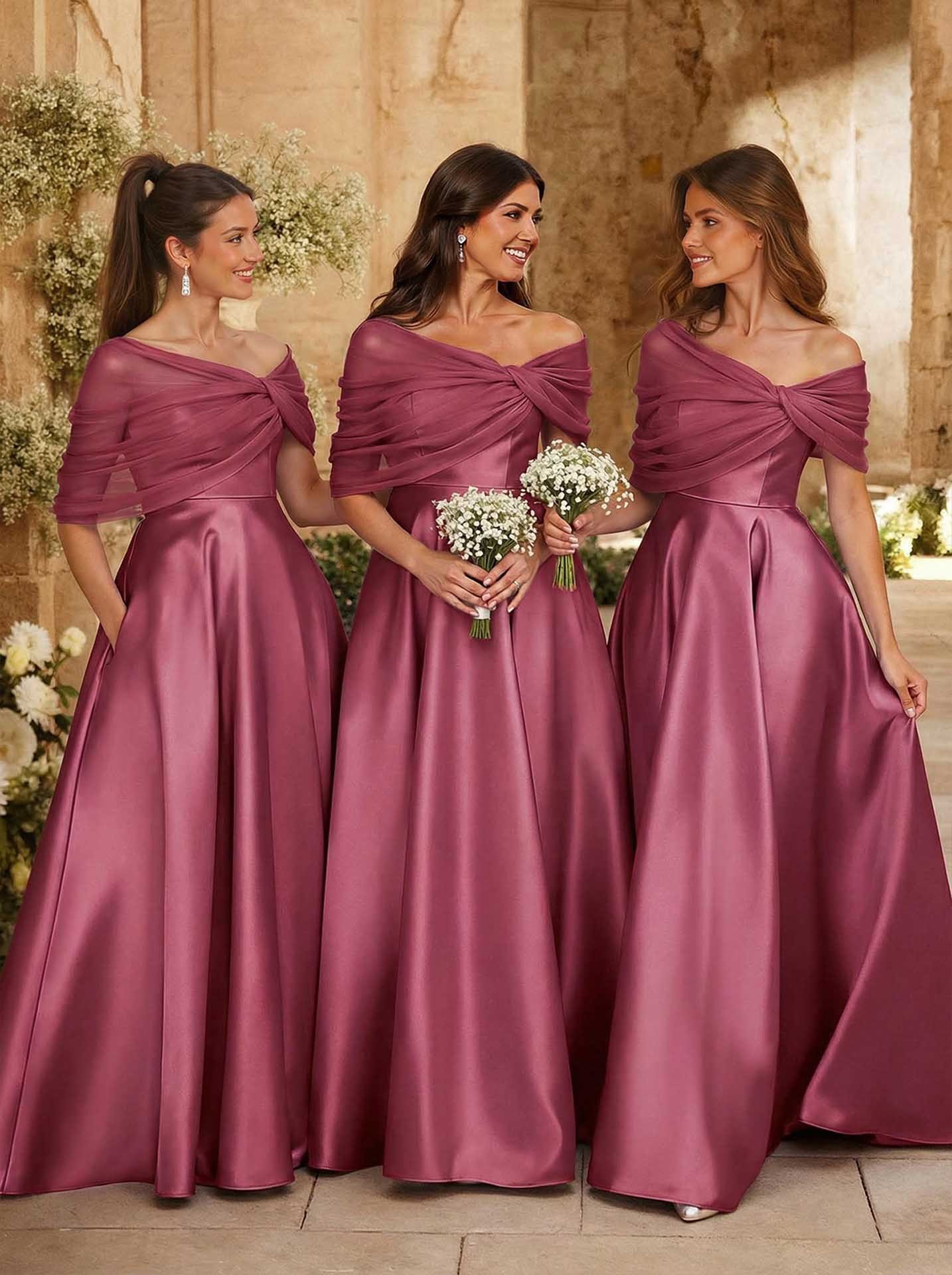 A-Line Asymmetrical Short Sleeves Sweep Train Satin Tulle Bridesmaid Dresses With Sweeping Side Drape, product image 32