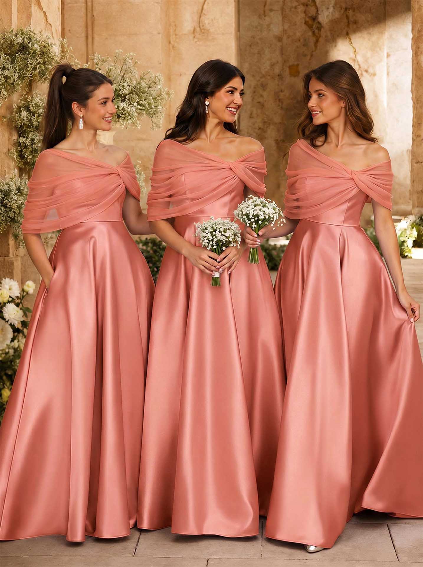 A-Line Asymmetrical Short Sleeves Sweep Train Satin Tulle Bridesmaid Dresses With Sweeping Side Drape, product image 50