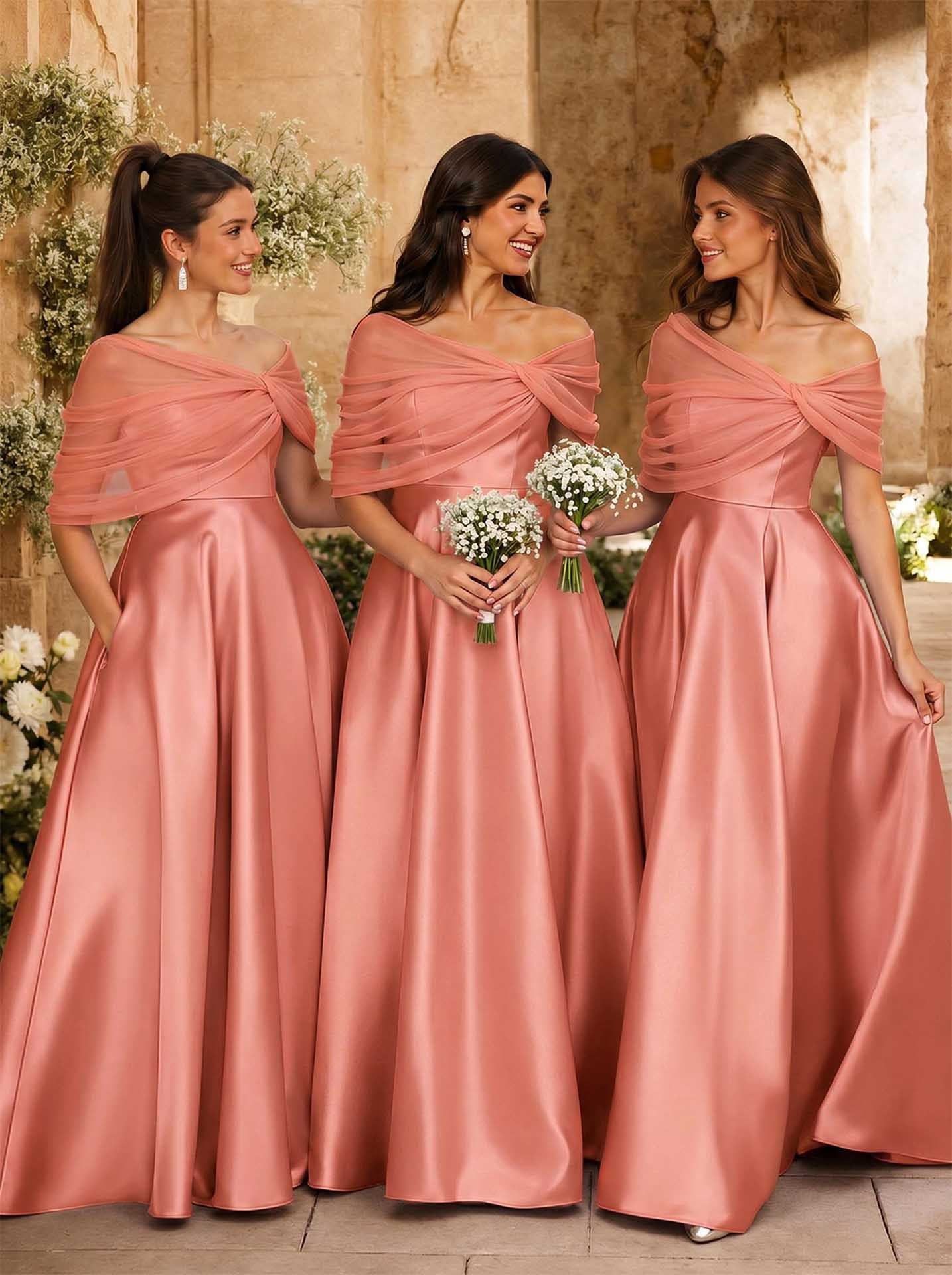 A-Line Asymmetrical Short Sleeves Sweep Train Satin Tulle Bridesmaid Dresses With Sweeping Side Drape, product image 50