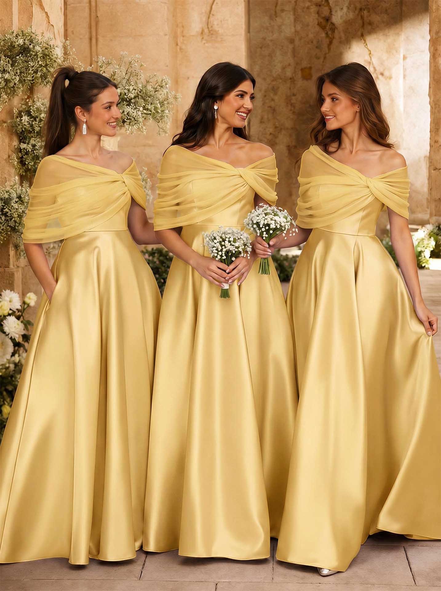 A-Line Asymmetrical Short Sleeves Sweep Train Satin Tulle Bridesmaid Dresses With Sweeping Side Drape, product image 96