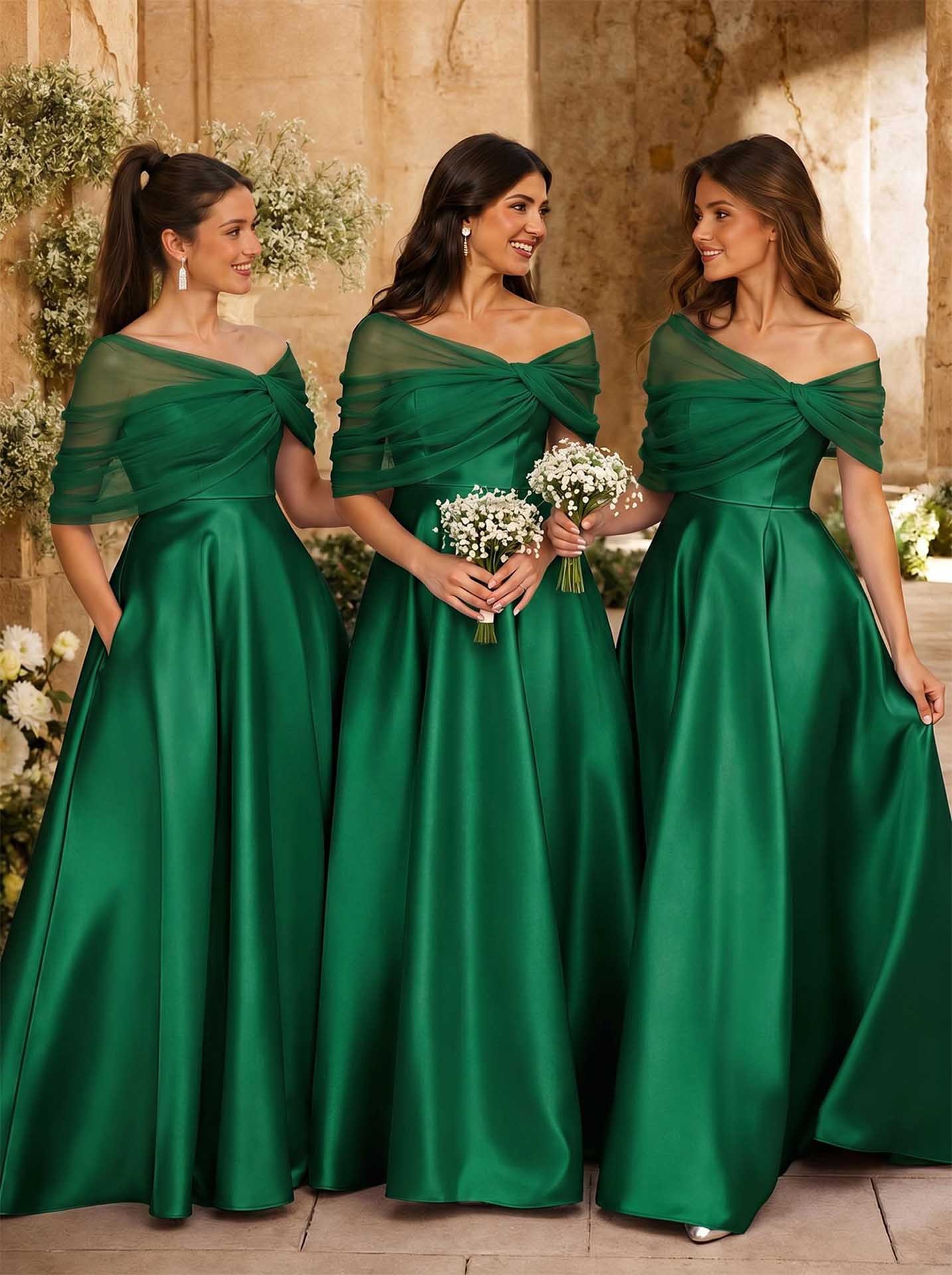 A-Line Asymmetrical Short Sleeves Sweep Train Satin Tulle Bridesmaid Dresses With Sweeping Side Drape, product image 76