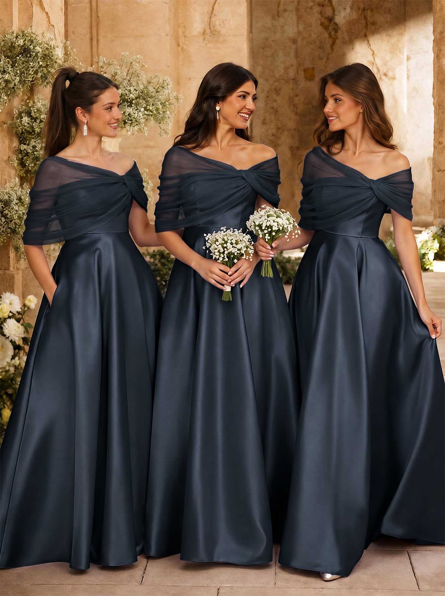 A-Line Asymmetrical Short Sleeves Sweep Train Satin Tulle Bridesmaid Dresses With Sweeping Side Drape, product image 4