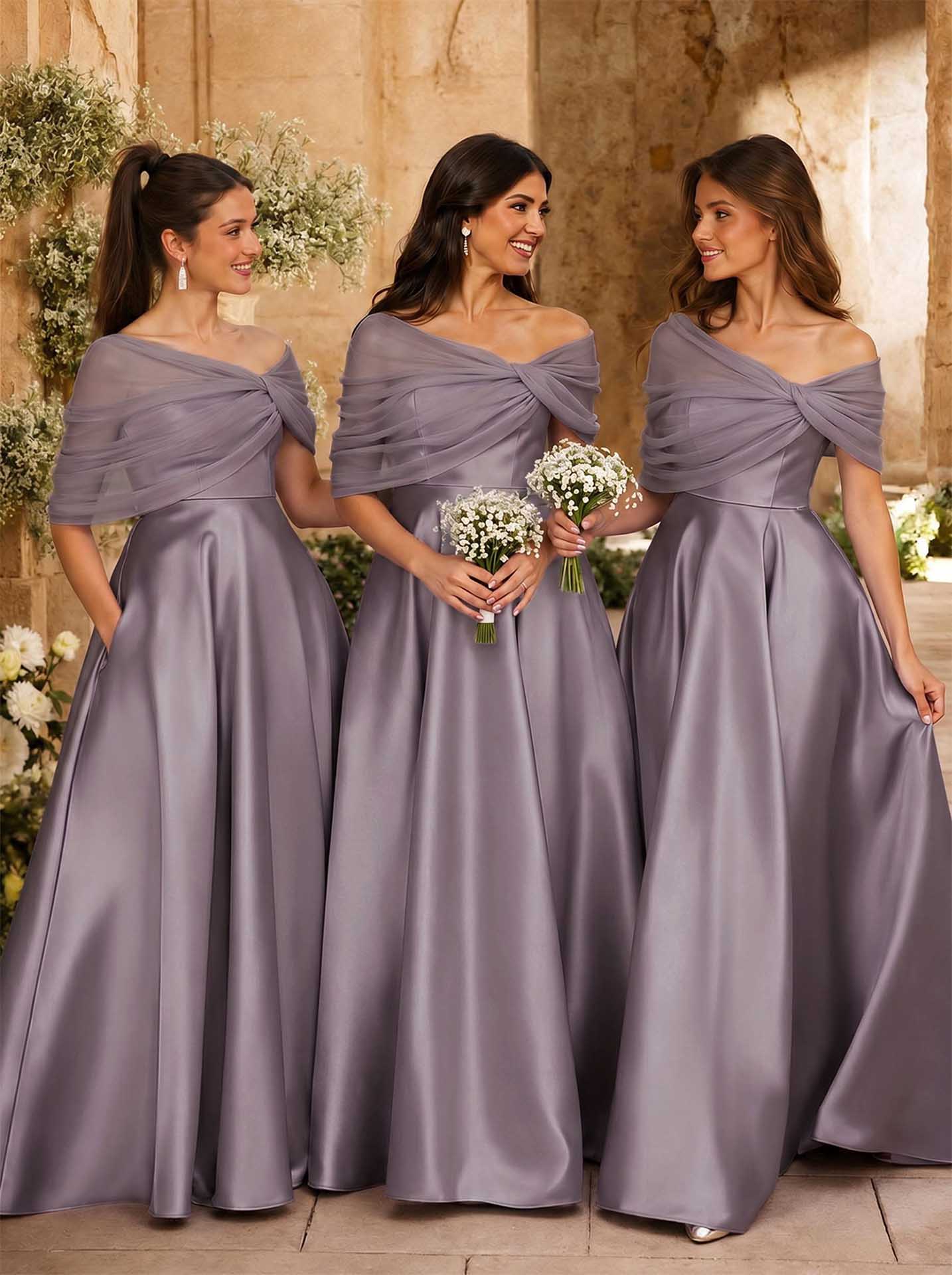 A-Line Asymmetrical Short Sleeves Sweep Train Satin Tulle Bridesmaid Dresses With Sweeping Side Drape, product image 56