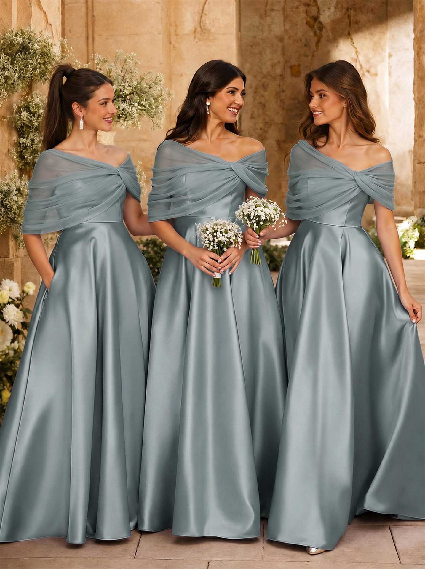 A-Line Asymmetrical Short Sleeves Sweep Train Satin Tulle Bridesmaid Dresses With Sweeping Side Drape, product image 8