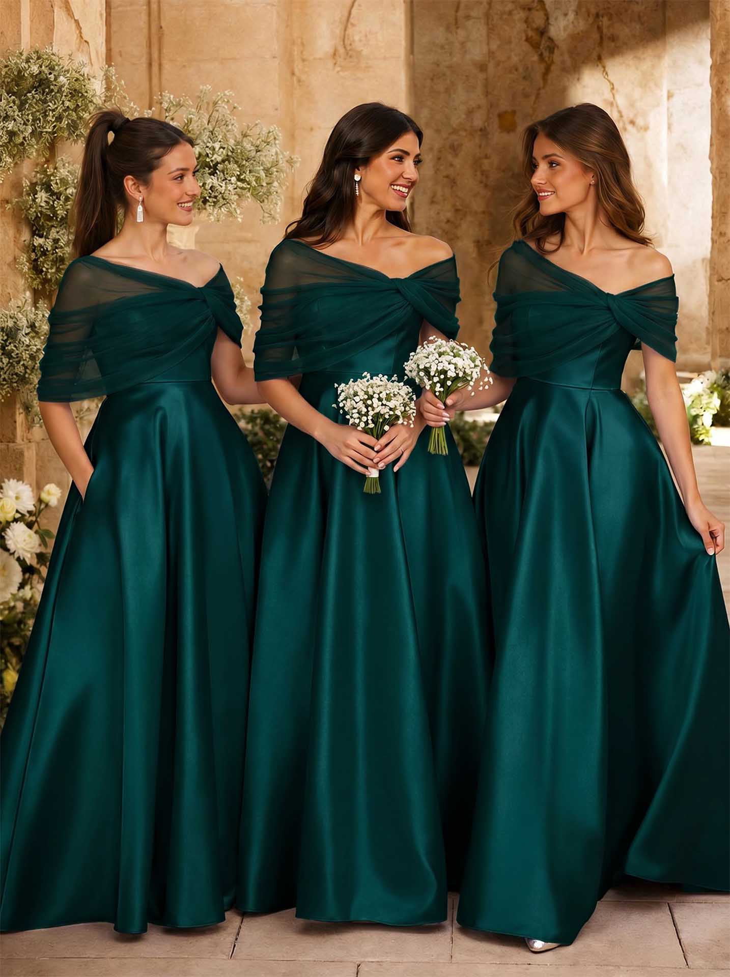 A-Line Asymmetrical Short Sleeves Sweep Train Satin Tulle Bridesmaid Dresses With Sweeping Side Drape, product image 130