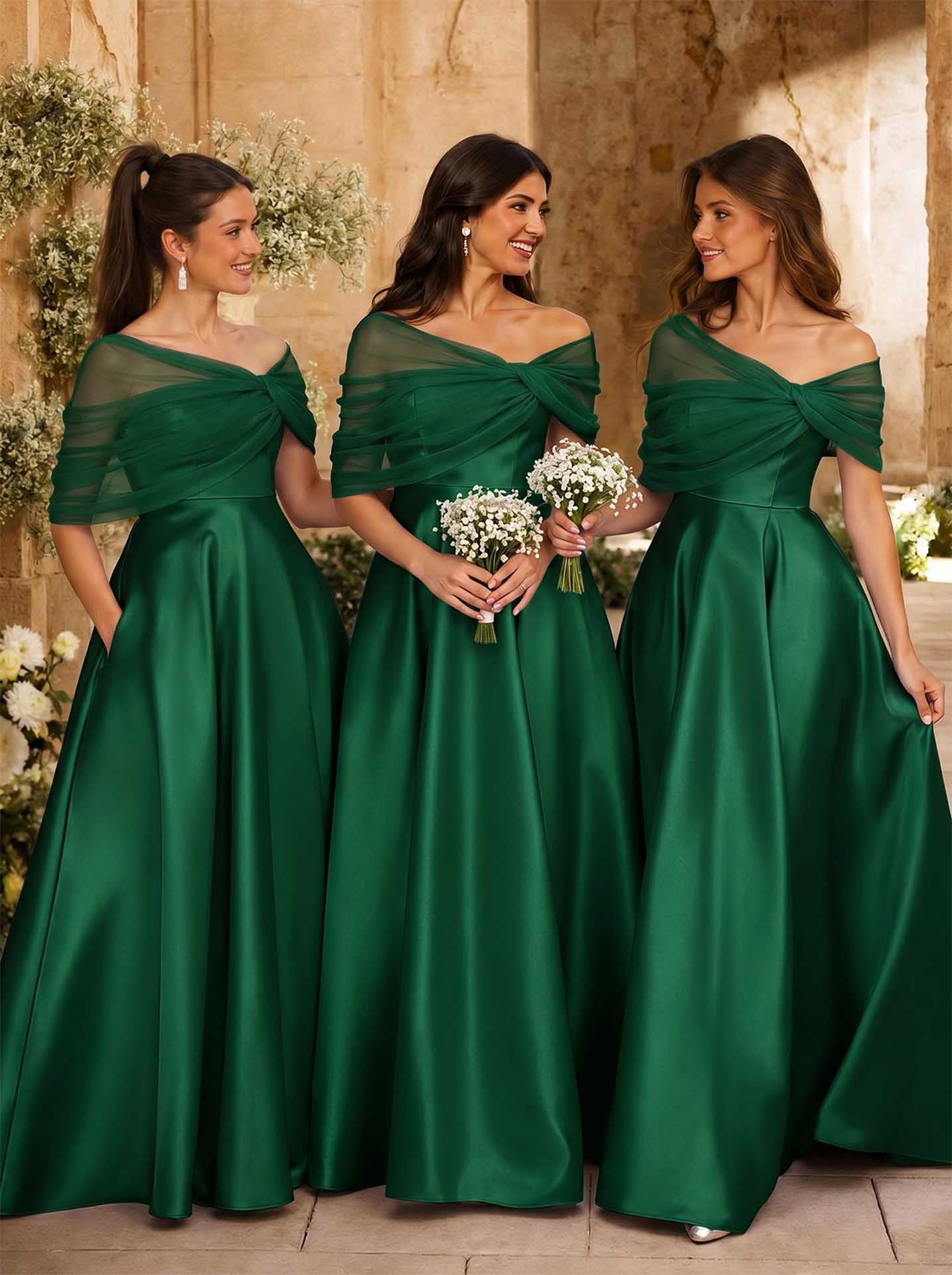 A-Line Asymmetrical Short Sleeves Sweep Train Satin Tulle Bridesmaid Dresses With Sweeping Side Drape, product image 124