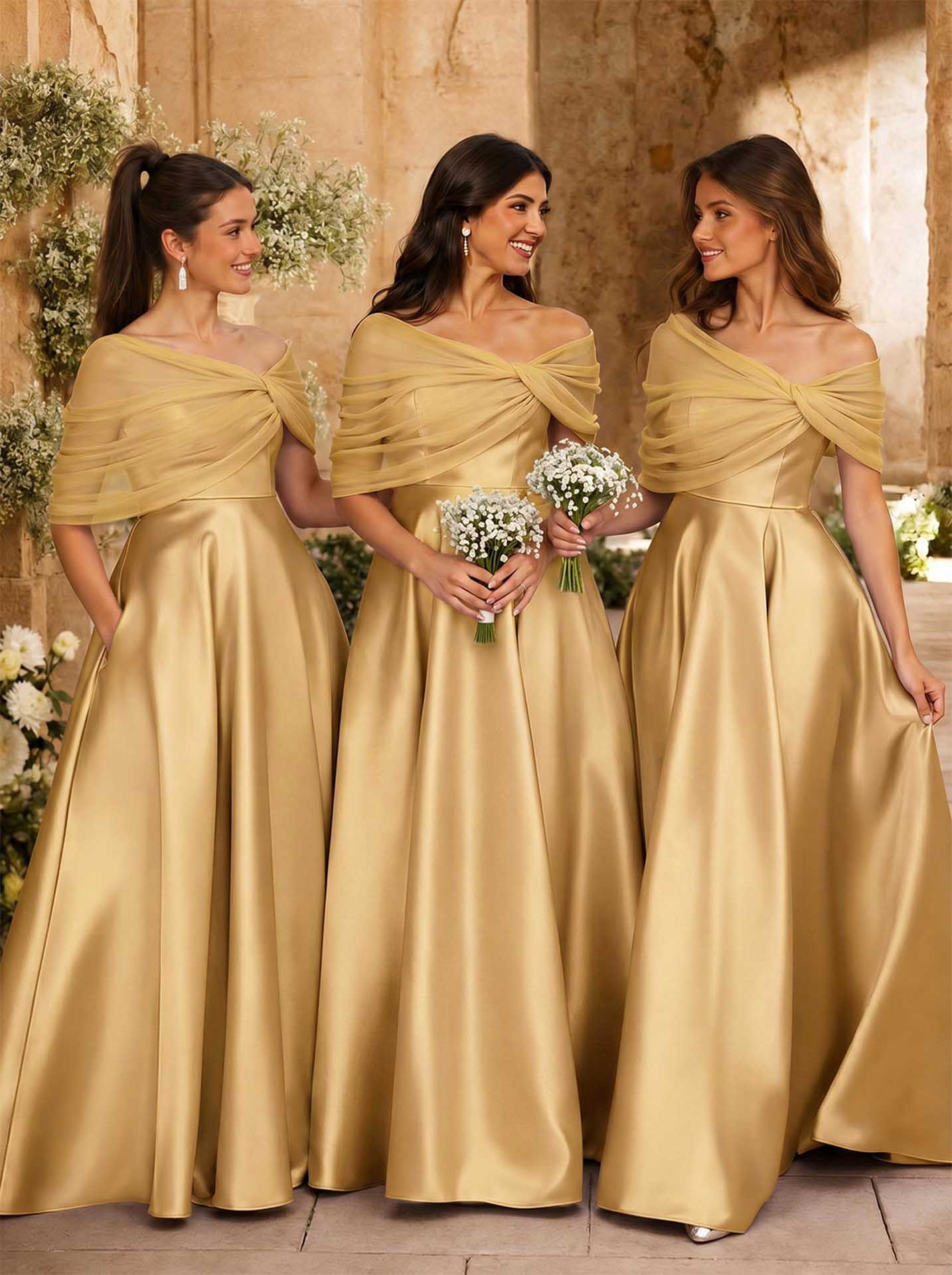 A-Line Asymmetrical Short Sleeves Sweep Train Satin Tulle Bridesmaid Dresses With Sweeping Side Drape, product image 98