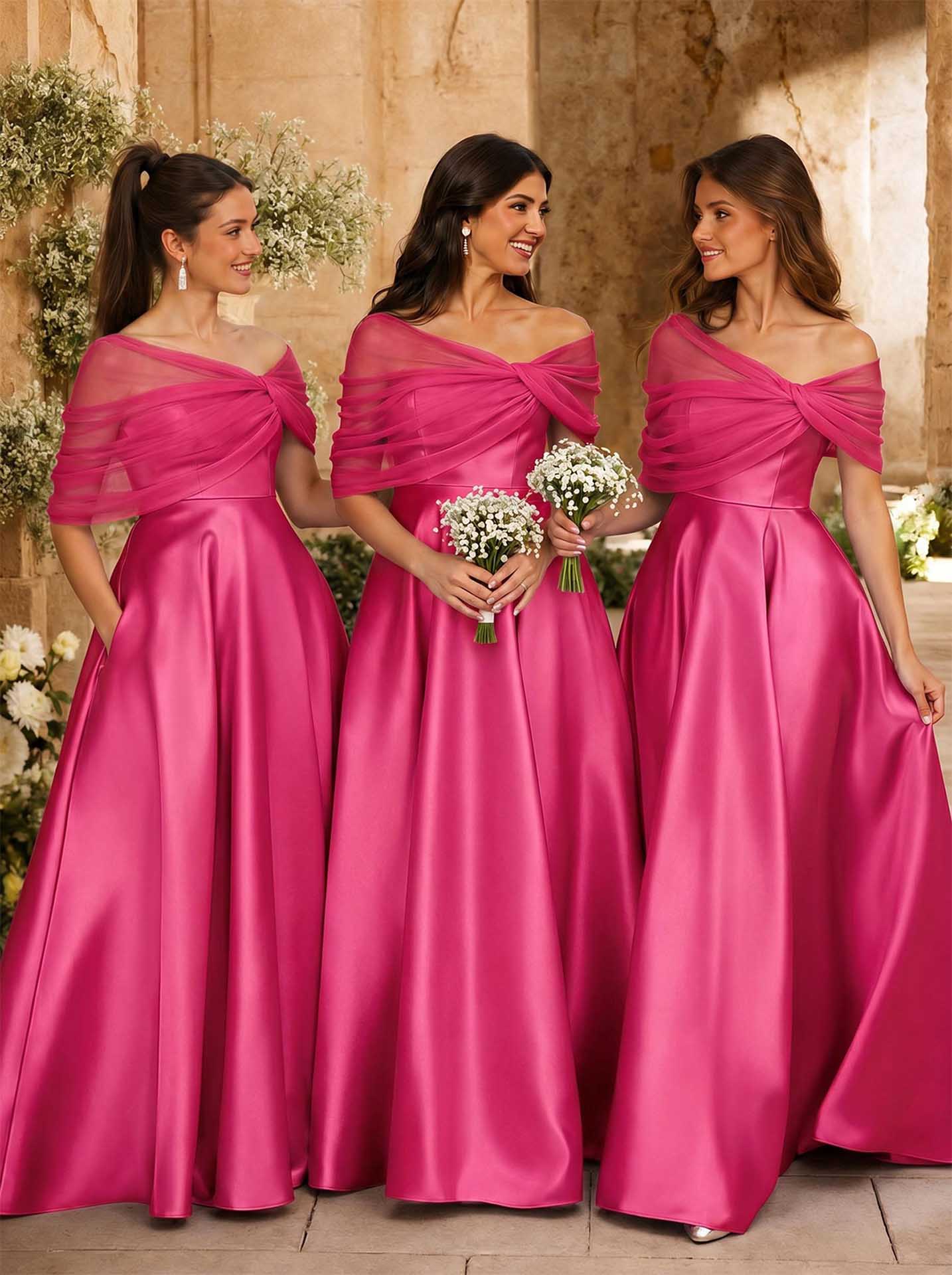 A-Line Asymmetrical Short Sleeves Sweep Train Satin Tulle Bridesmaid Dresses With Sweeping Side Drape, product image 116