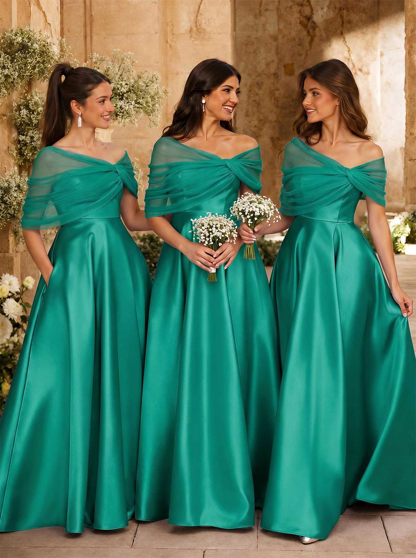 A-Line Asymmetrical Short Sleeves Sweep Train Satin Tulle Bridesmaid Dresses With Sweeping Side Drape, product image 82