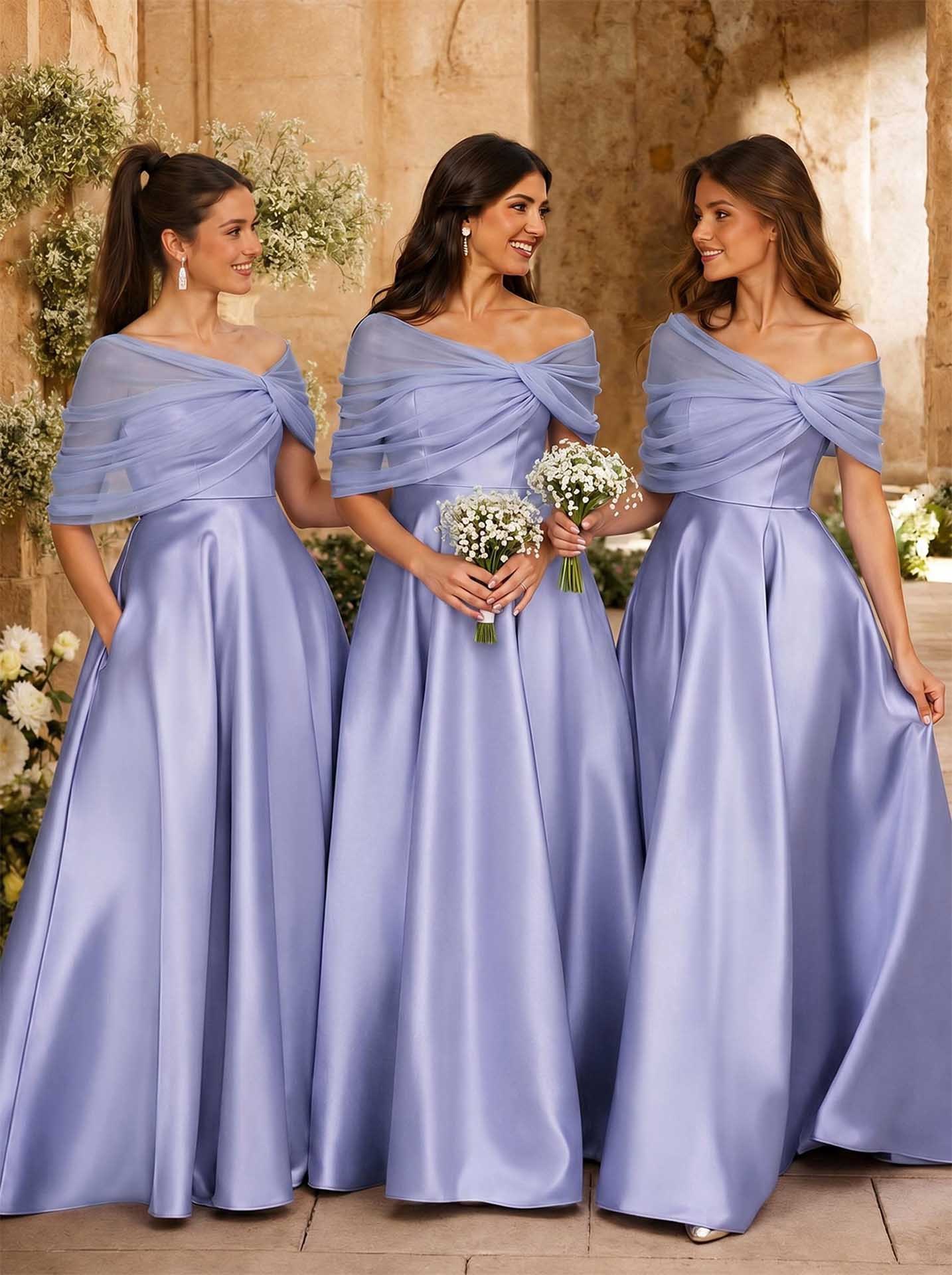 A-Line Asymmetrical Short Sleeves Sweep Train Satin Tulle Bridesmaid Dresses With Sweeping Side Drape, product image 64