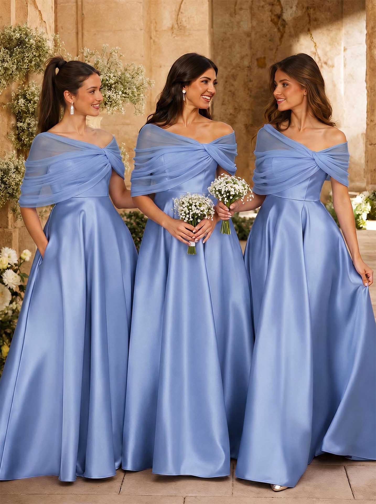 A-Line Asymmetrical Short Sleeves Sweep Train Satin Tulle Bridesmaid Dresses With Sweeping Side Drape, product image 22