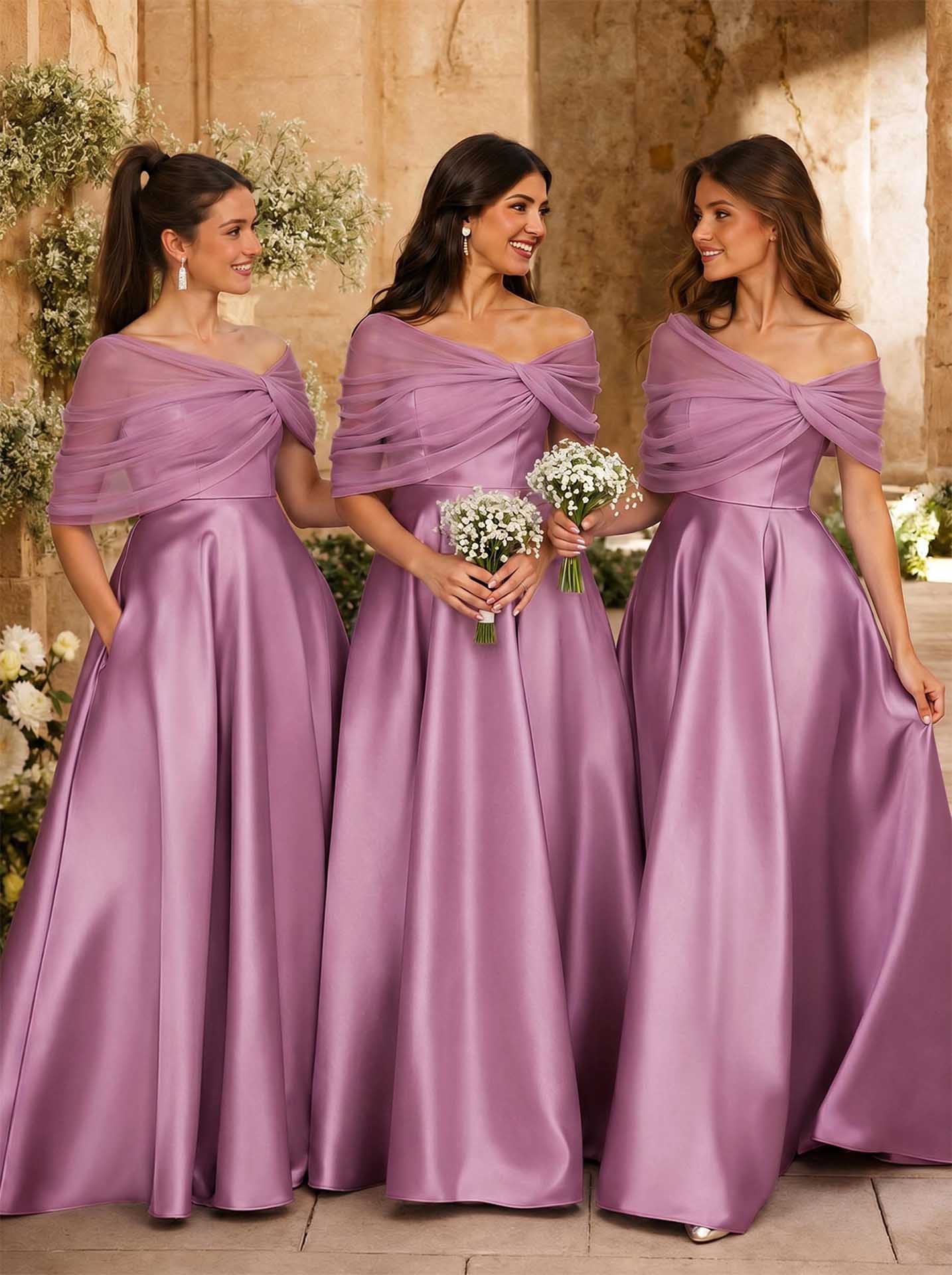 A-Line Asymmetrical Short Sleeves Sweep Train Satin Tulle Bridesmaid Dresses With Sweeping Side Drape, product image 62