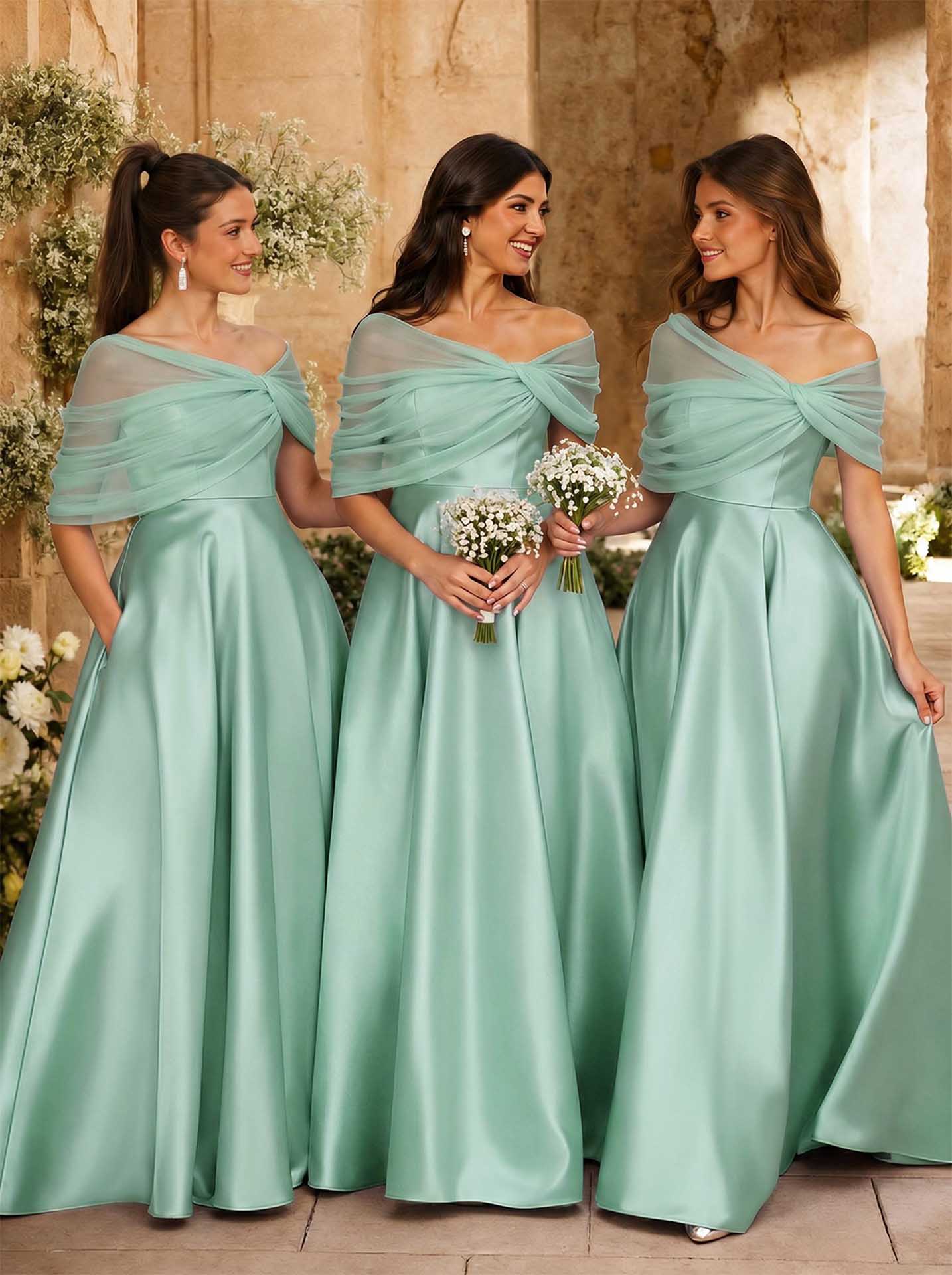 A-Line Asymmetrical Short Sleeves Sweep Train Satin Tulle Bridesmaid Dresses With Sweeping Side Drape, product image 88