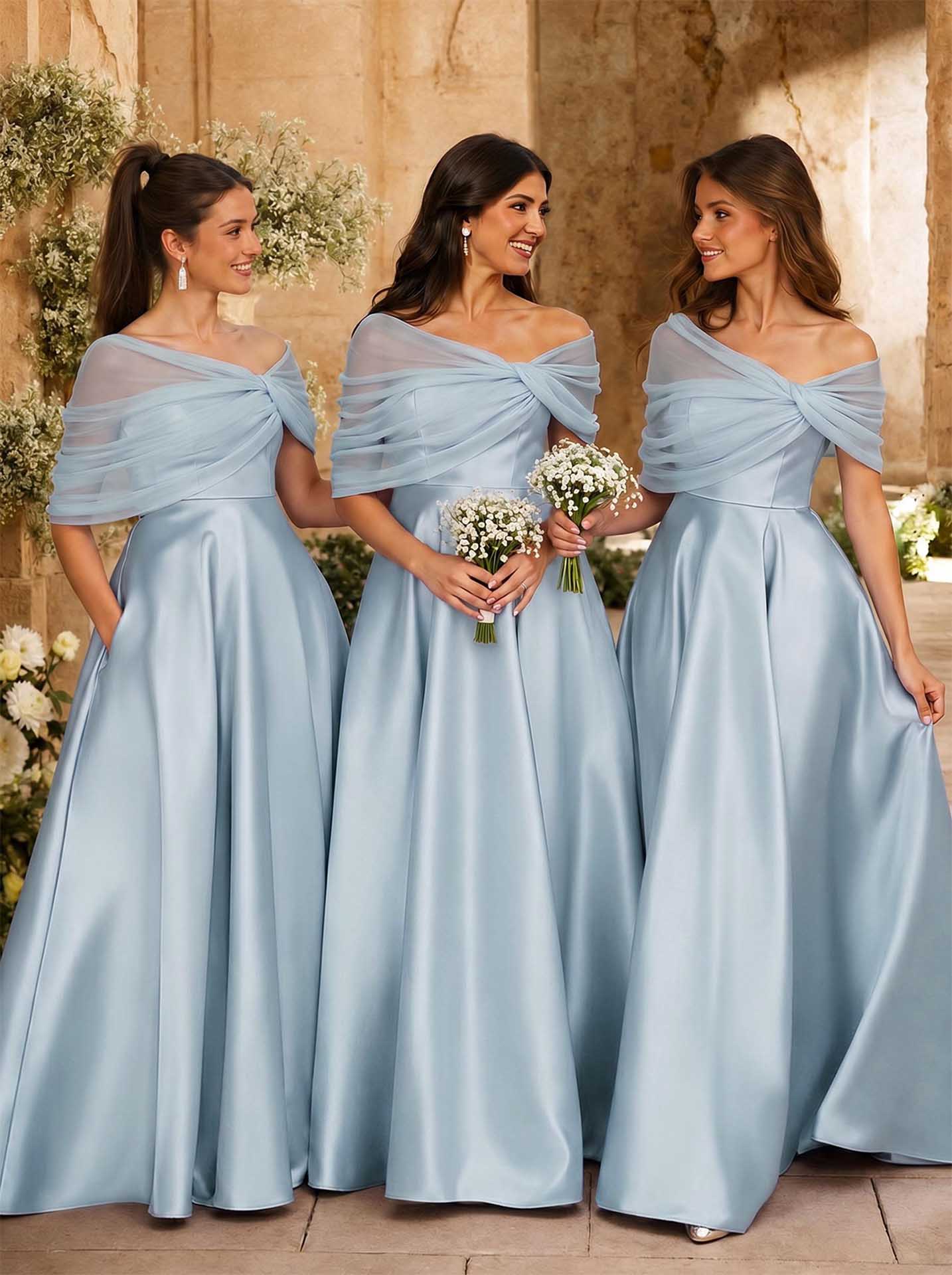 A-Line Asymmetrical Short Sleeves Sweep Train Satin Tulle Bridesmaid Dresses With Sweeping Side Drape, product image 26