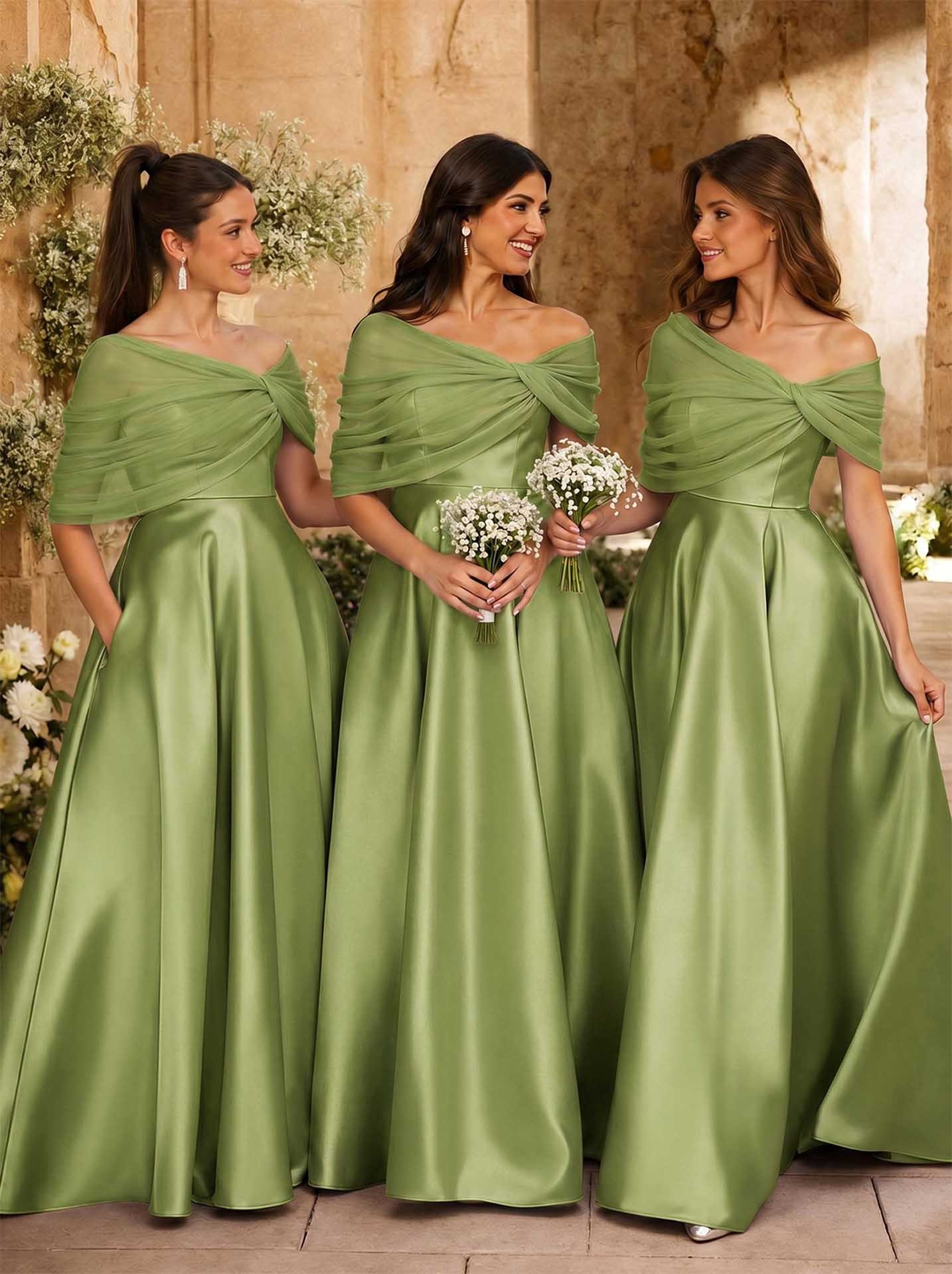 A-Line Asymmetrical Short Sleeves Sweep Train Satin Tulle Bridesmaid Dresses With Sweeping Side Drape, product image 132
