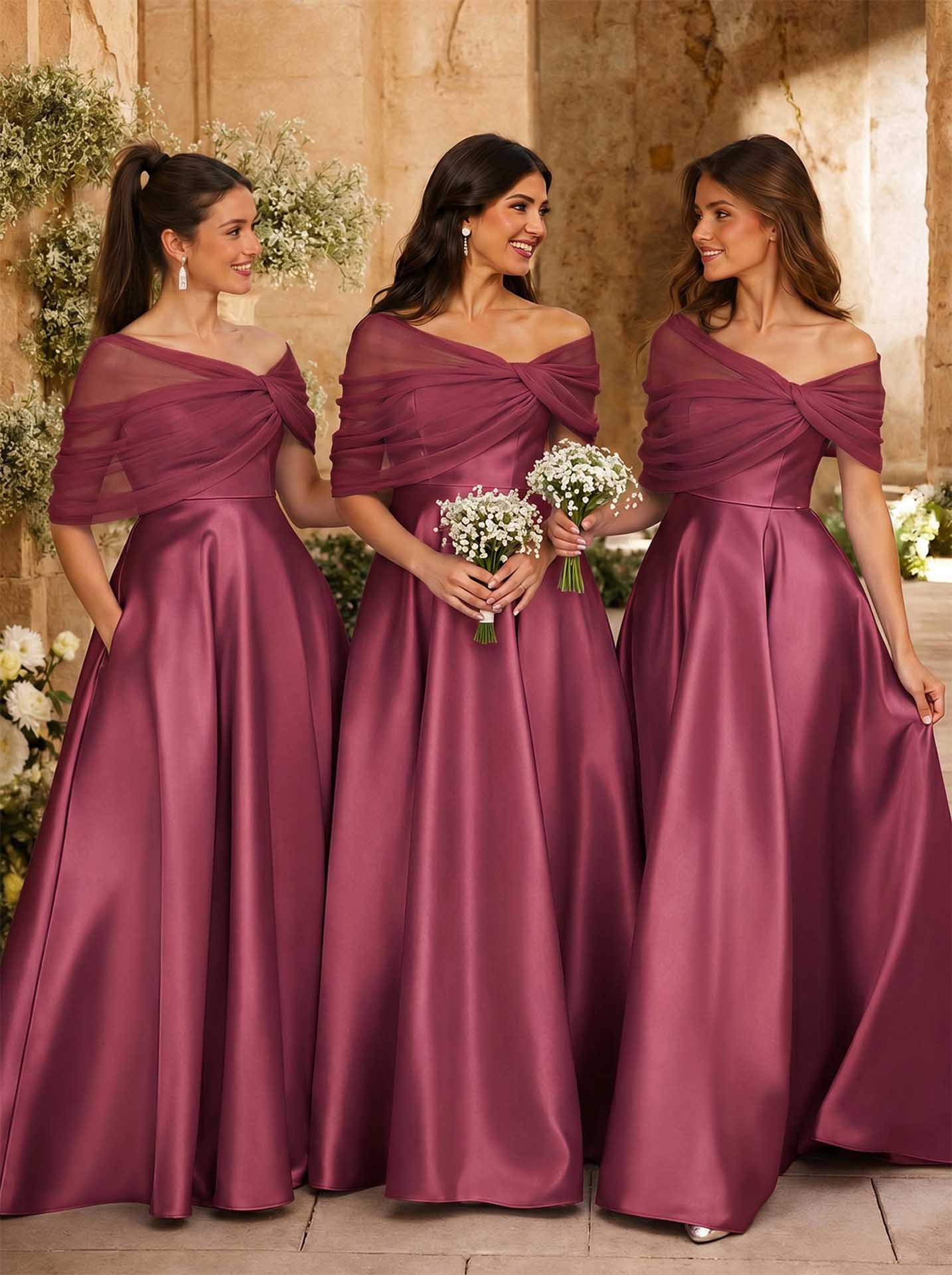 A-Line Asymmetrical Short Sleeves Sweep Train Satin Tulle Bridesmaid Dresses With Sweeping Side Drape, product image 34