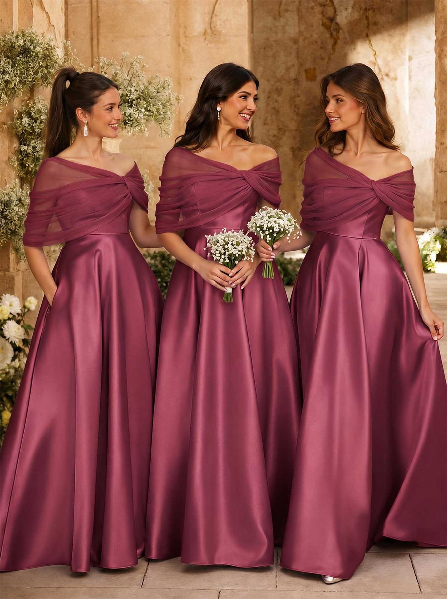A-Line Asymmetrical Short Sleeves Sweep Train Satin Tulle Bridesmaid Dresses With Sweeping Side Drape, product image 34
