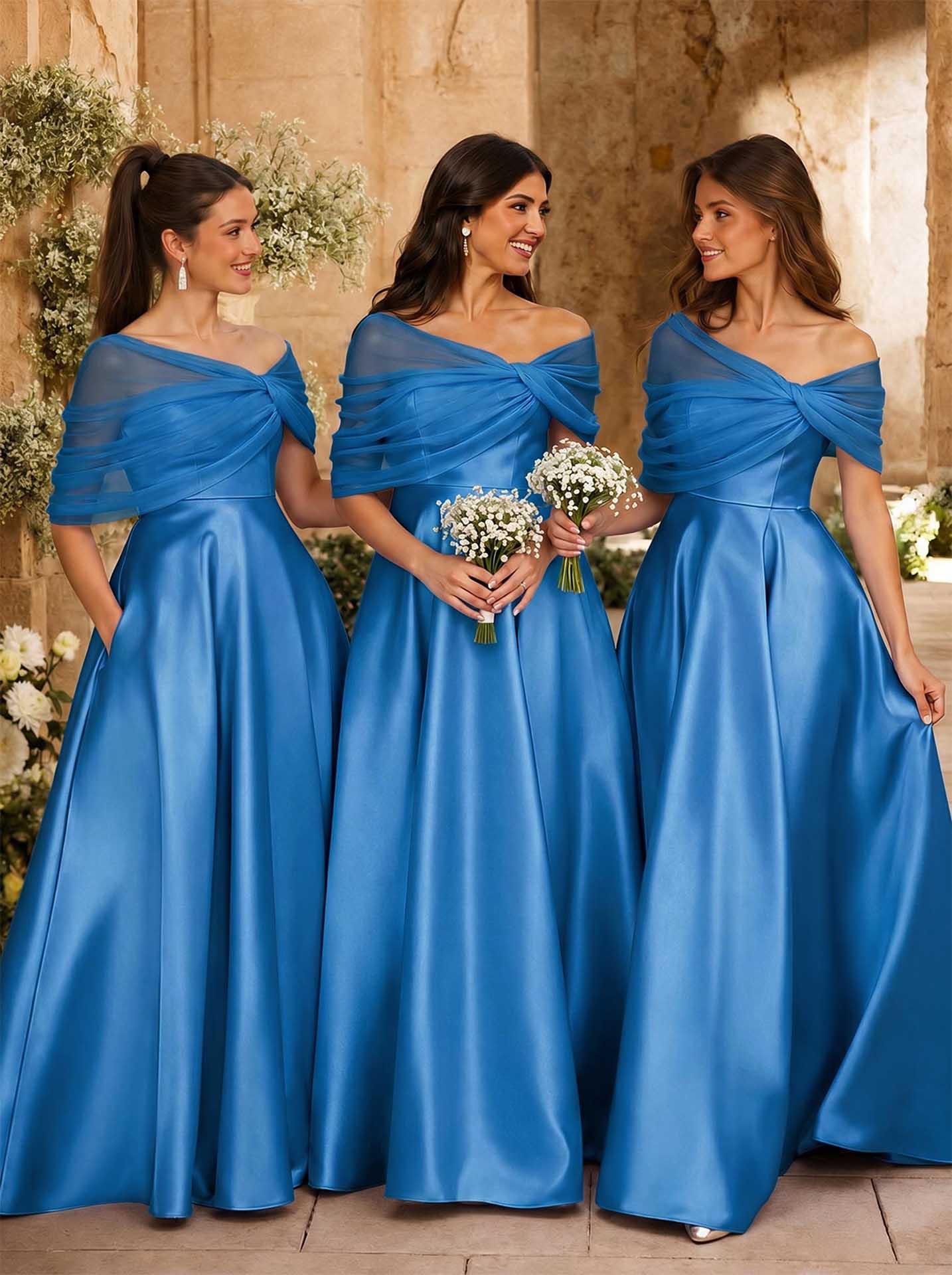 A-Line Asymmetrical Short Sleeves Sweep Train Satin Tulle Bridesmaid Dresses With Sweeping Side Drape, product image 18