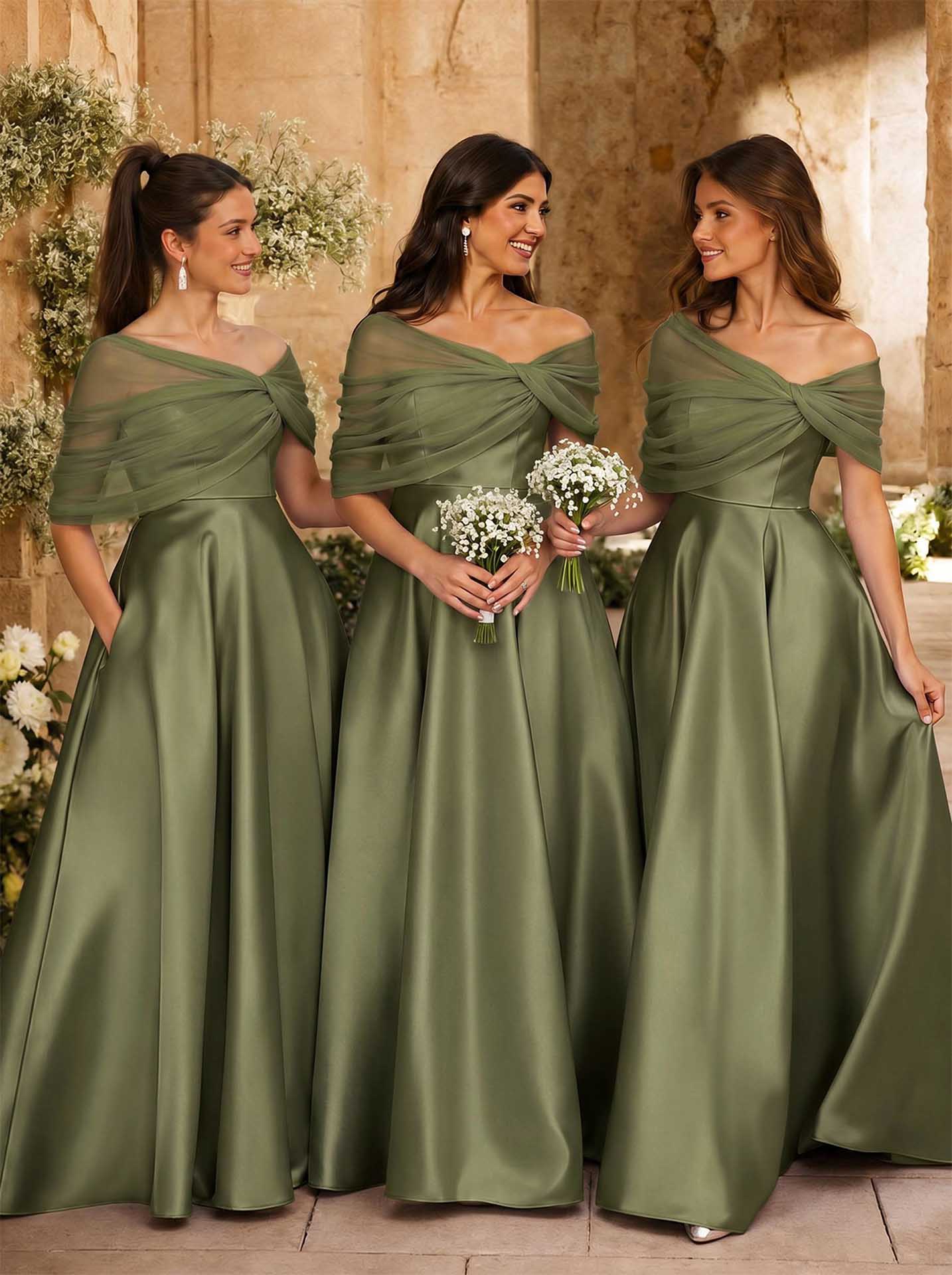 A-Line Asymmetrical Short Sleeves Sweep Train Satin Tulle Bridesmaid Dresses With Sweeping Side Drape, product image 120