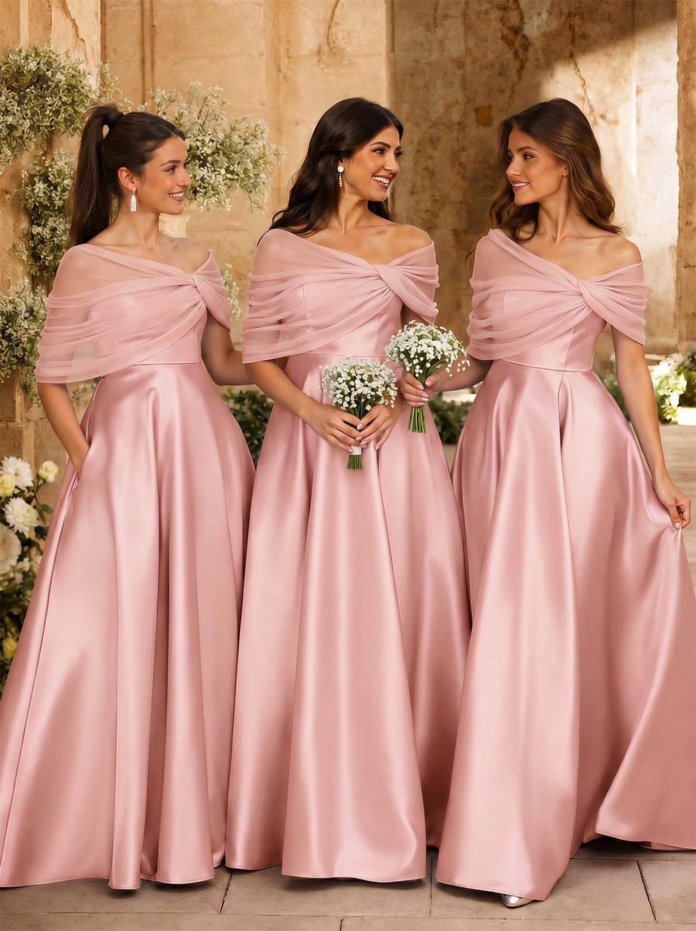 A-Line Asymmetrical Short Sleeves Sweep Train Satin Tulle Bridesmaid Dresses With Sweeping Side Drape, product image 44