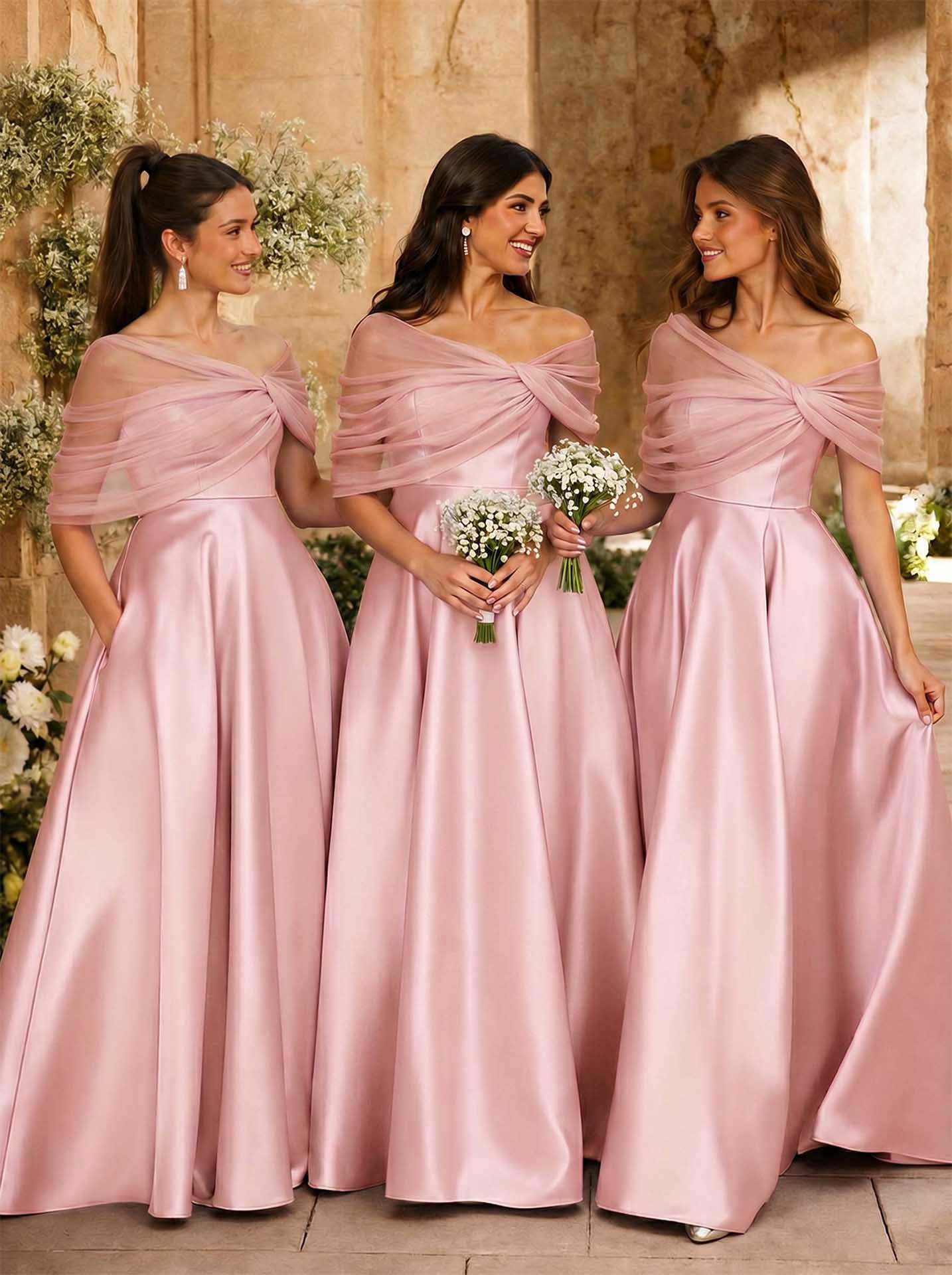A-Line Asymmetrical Short Sleeves Sweep Train Satin Tulle Bridesmaid Dresses With Sweeping Side Drape, product image 48