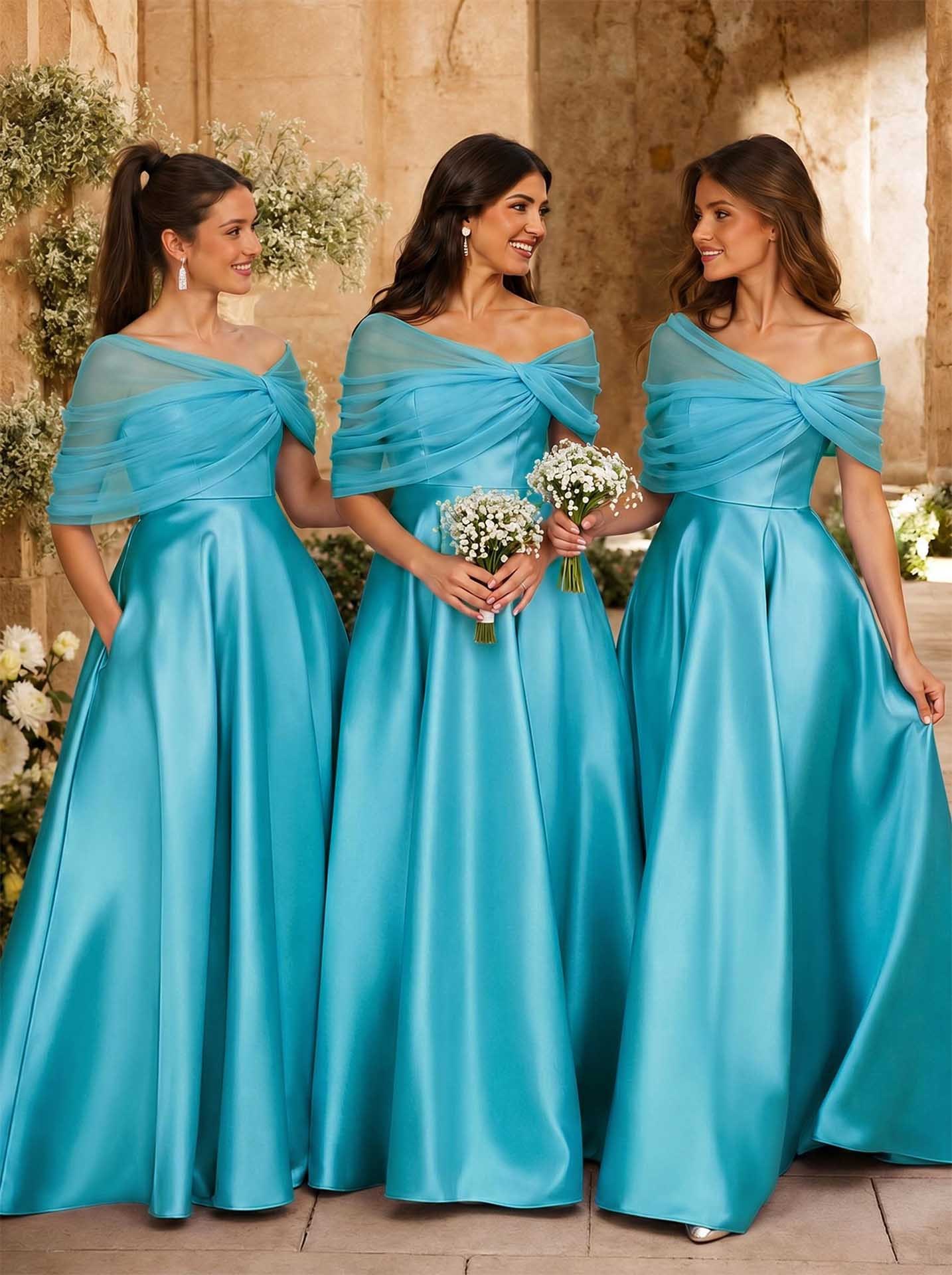 A-Line Asymmetrical Short Sleeves Sweep Train Satin Tulle Bridesmaid Dresses With Sweeping Side Drape, product image 20