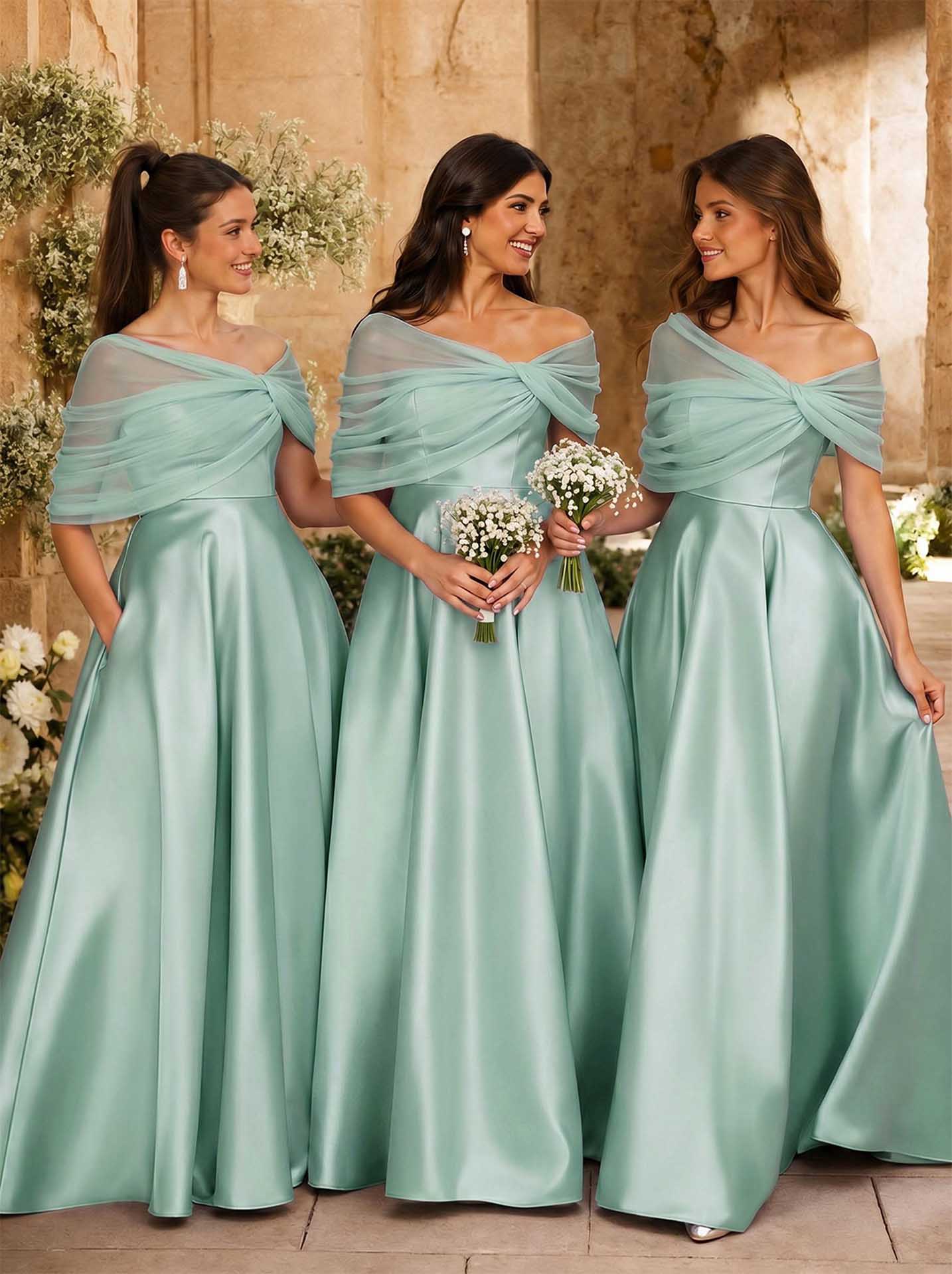 A-Line Asymmetrical Short Sleeves Sweep Train Satin Tulle Bridesmaid Dresses With Sweeping Side Drape, product image 86