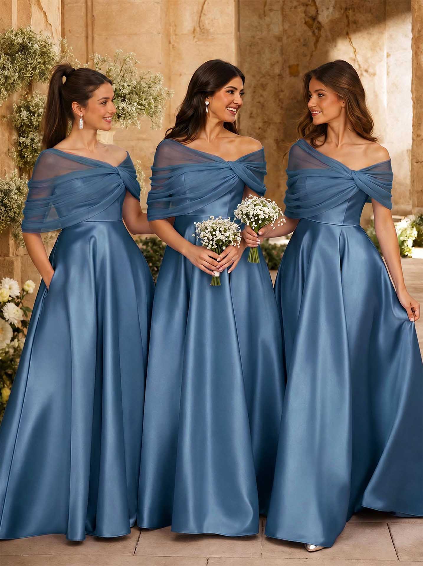 A-Line Asymmetrical Short Sleeves Sweep Train Satin Tulle Bridesmaid Dresses With Sweeping Side Drape, product image 10