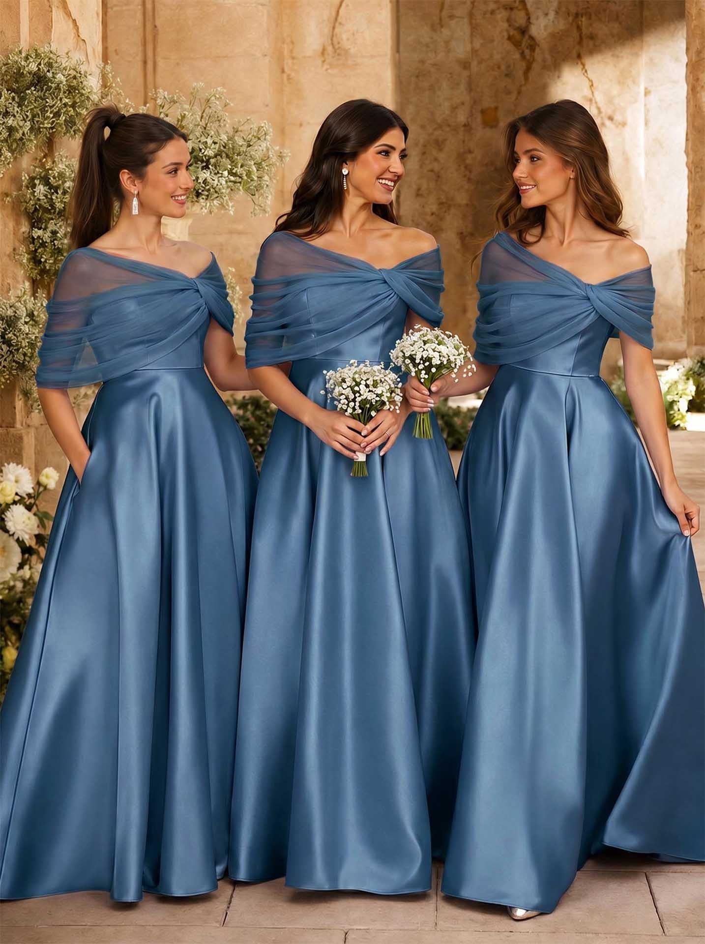 A-Line Asymmetrical Short Sleeves Sweep Train Satin Tulle Bridesmaid Dresses With Sweeping Side Drape, product image 10