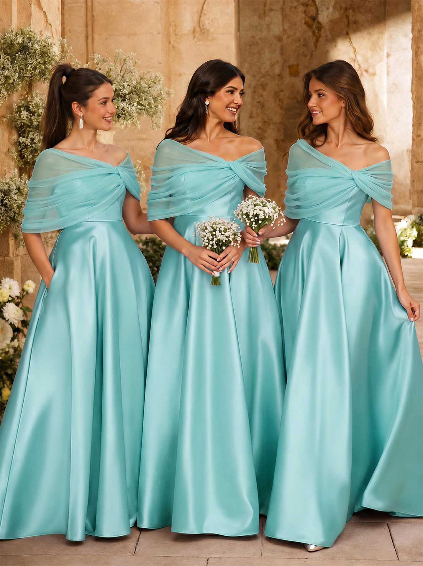 A-Line Asymmetrical Short Sleeves Sweep Train Satin Tulle Bridesmaid Dresses With Sweeping Side Drape, product image 90