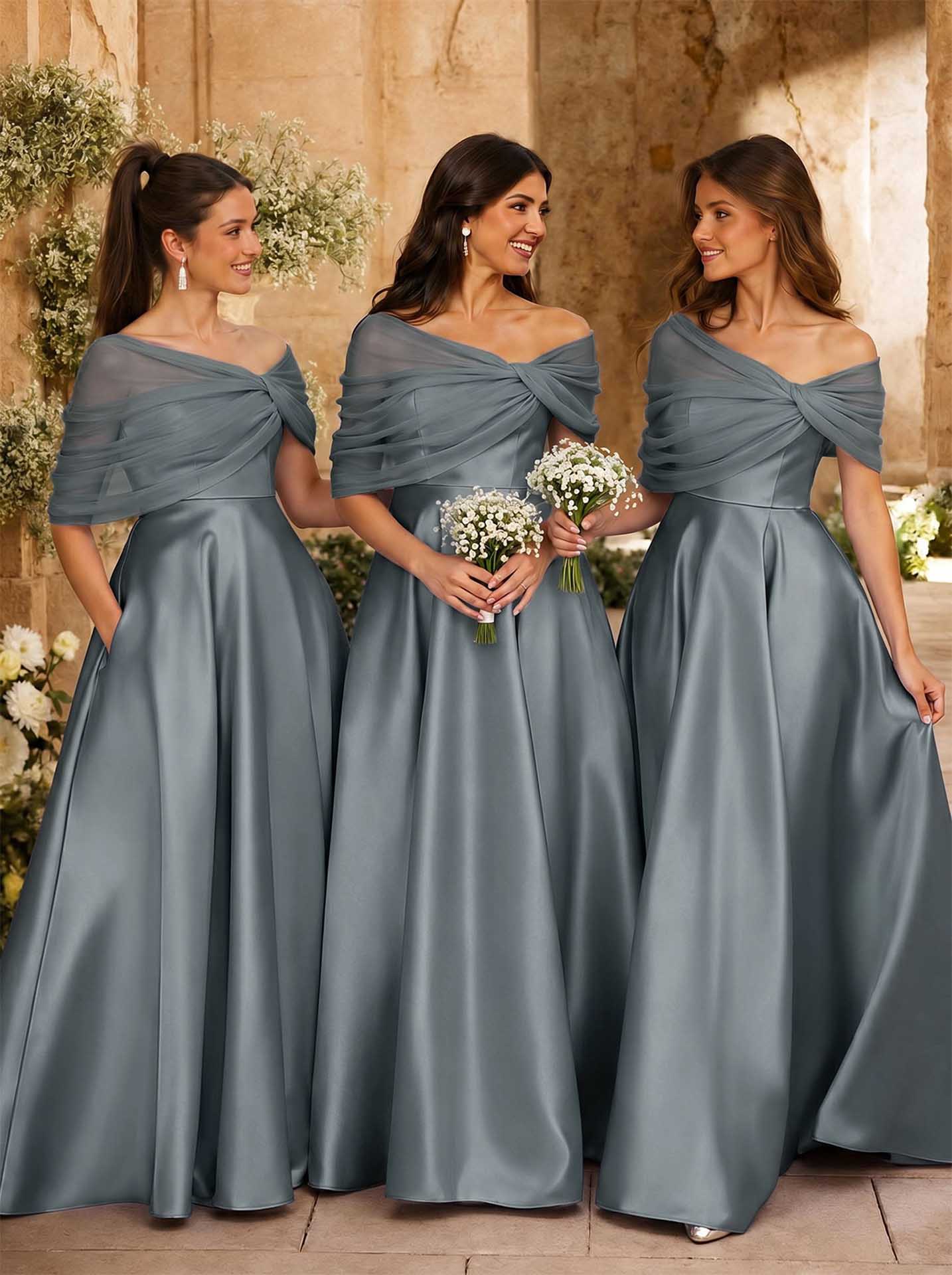A-Line Asymmetrical Short Sleeves Sweep Train Satin Tulle Bridesmaid Dresses With Sweeping Side Drape, product image 112