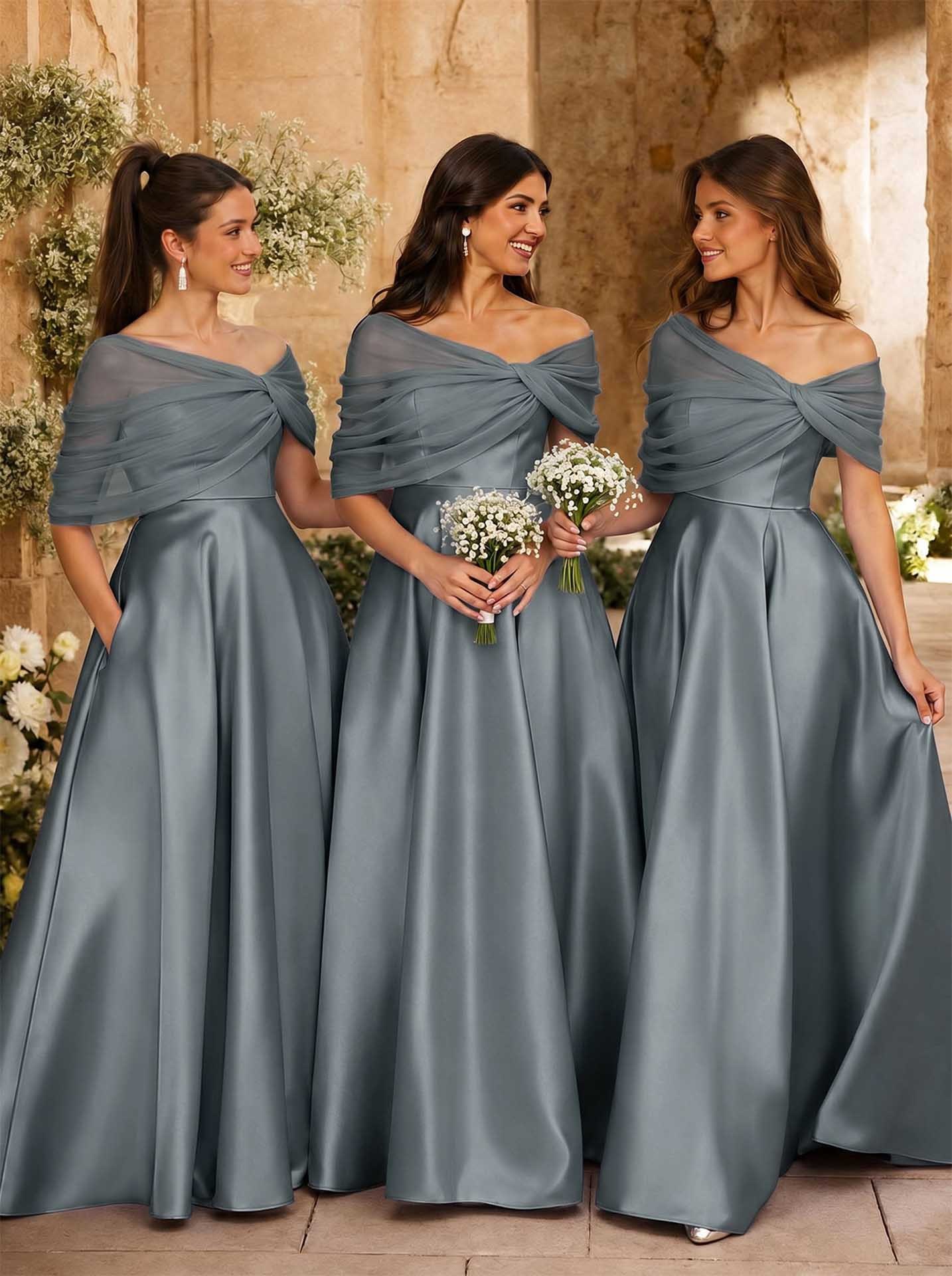 A-Line Asymmetrical Short Sleeves Sweep Train Satin Tulle Bridesmaid Dresses With Sweeping Side Drape, product image 112