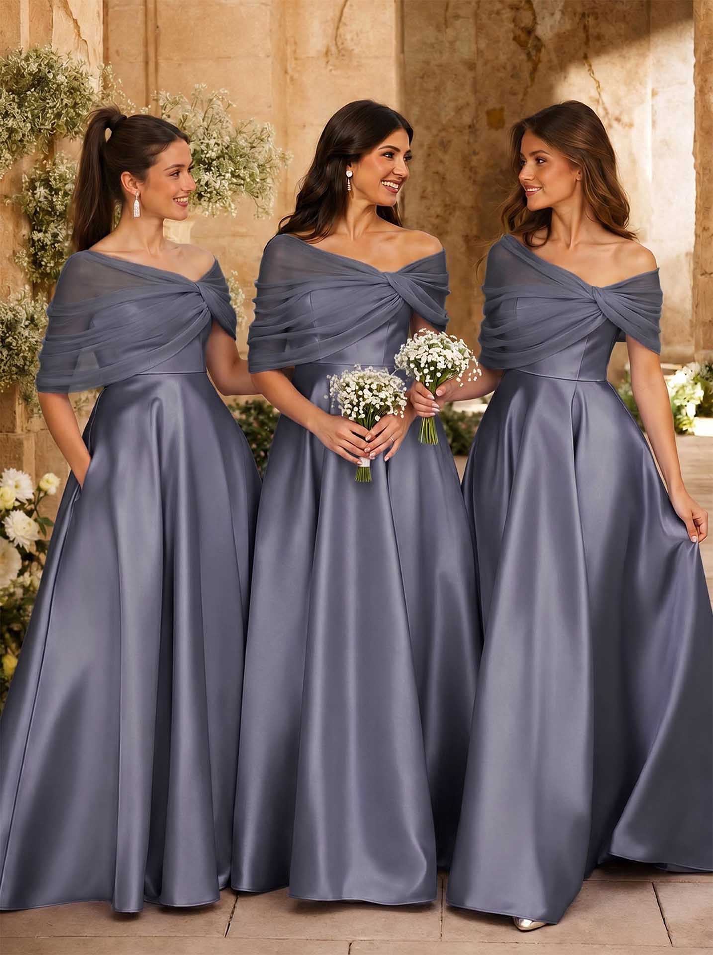 A-Line Asymmetrical Short Sleeves Sweep Train Satin Tulle Bridesmaid Dresses With Sweeping Side Drape, product image 12