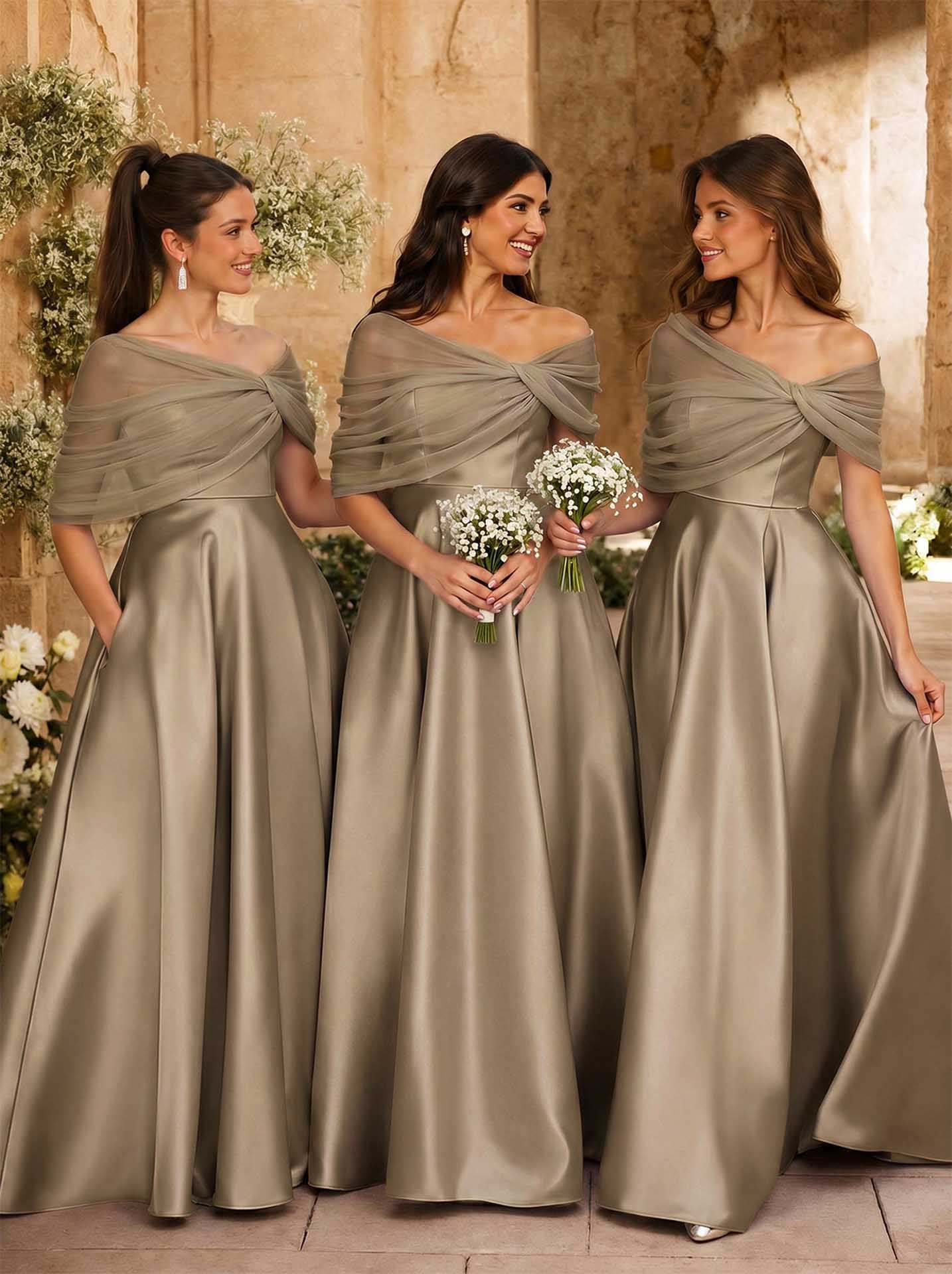 A-Line Asymmetrical Short Sleeves Sweep Train Satin Tulle Bridesmaid Dresses With Sweeping Side Drape, product image 94