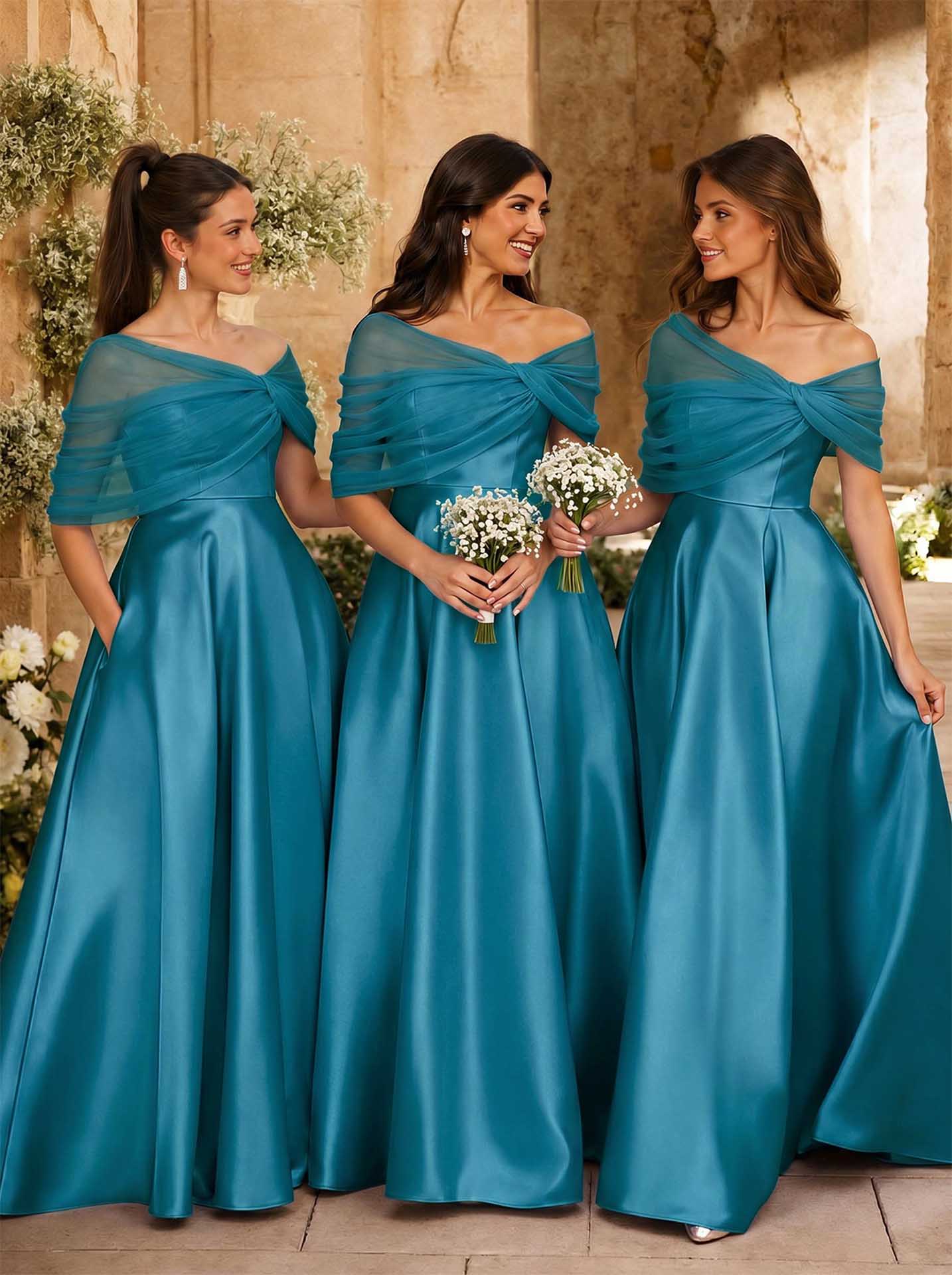 A-Line Asymmetrical Short Sleeves Sweep Train Satin Tulle Bridesmaid Dresses With Sweeping Side Drape, product image 136