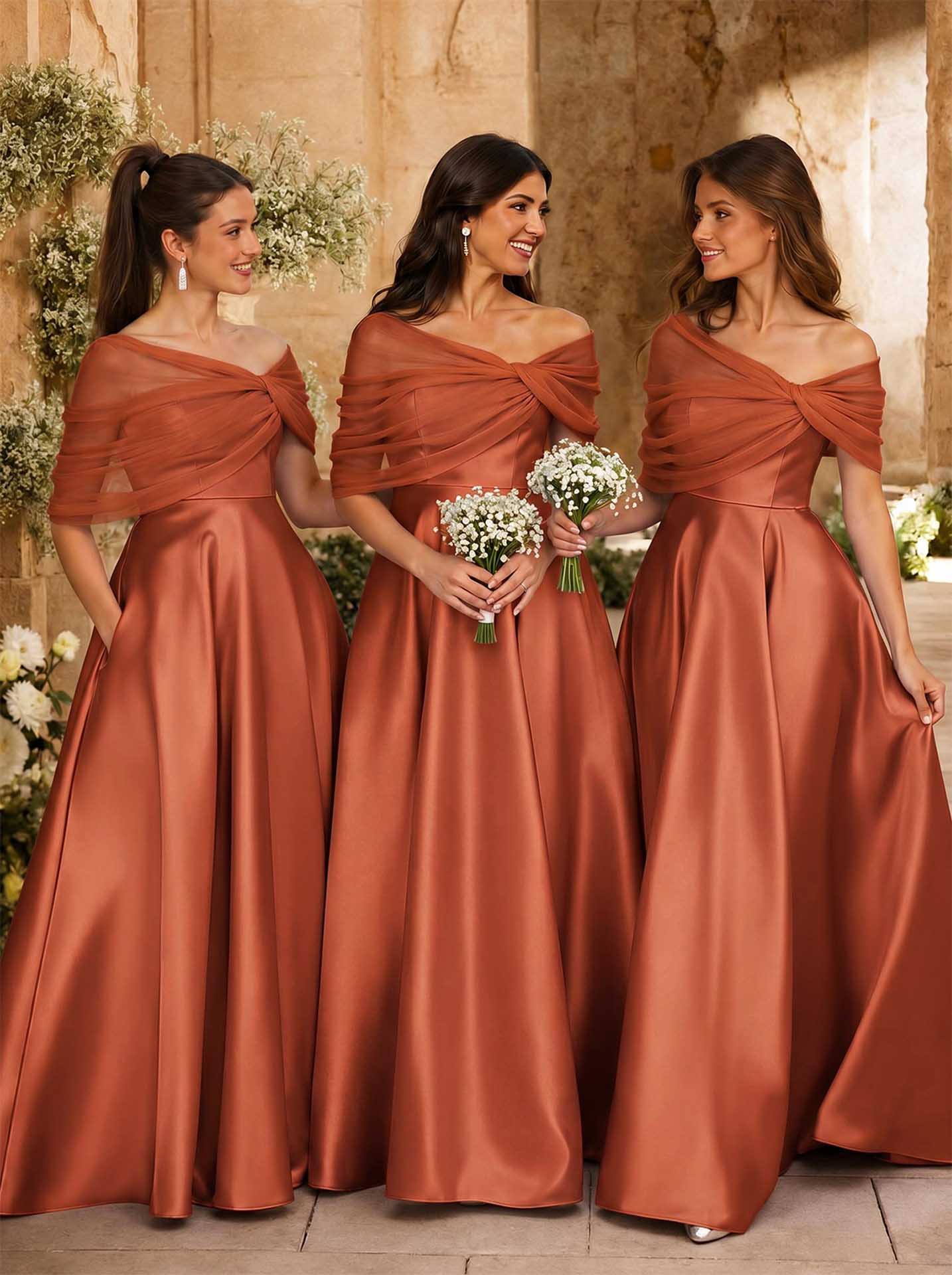 A-Line Asymmetrical Short Sleeves Sweep Train Satin Tulle Bridesmaid Dresses With Sweeping Side Drape, product image 134