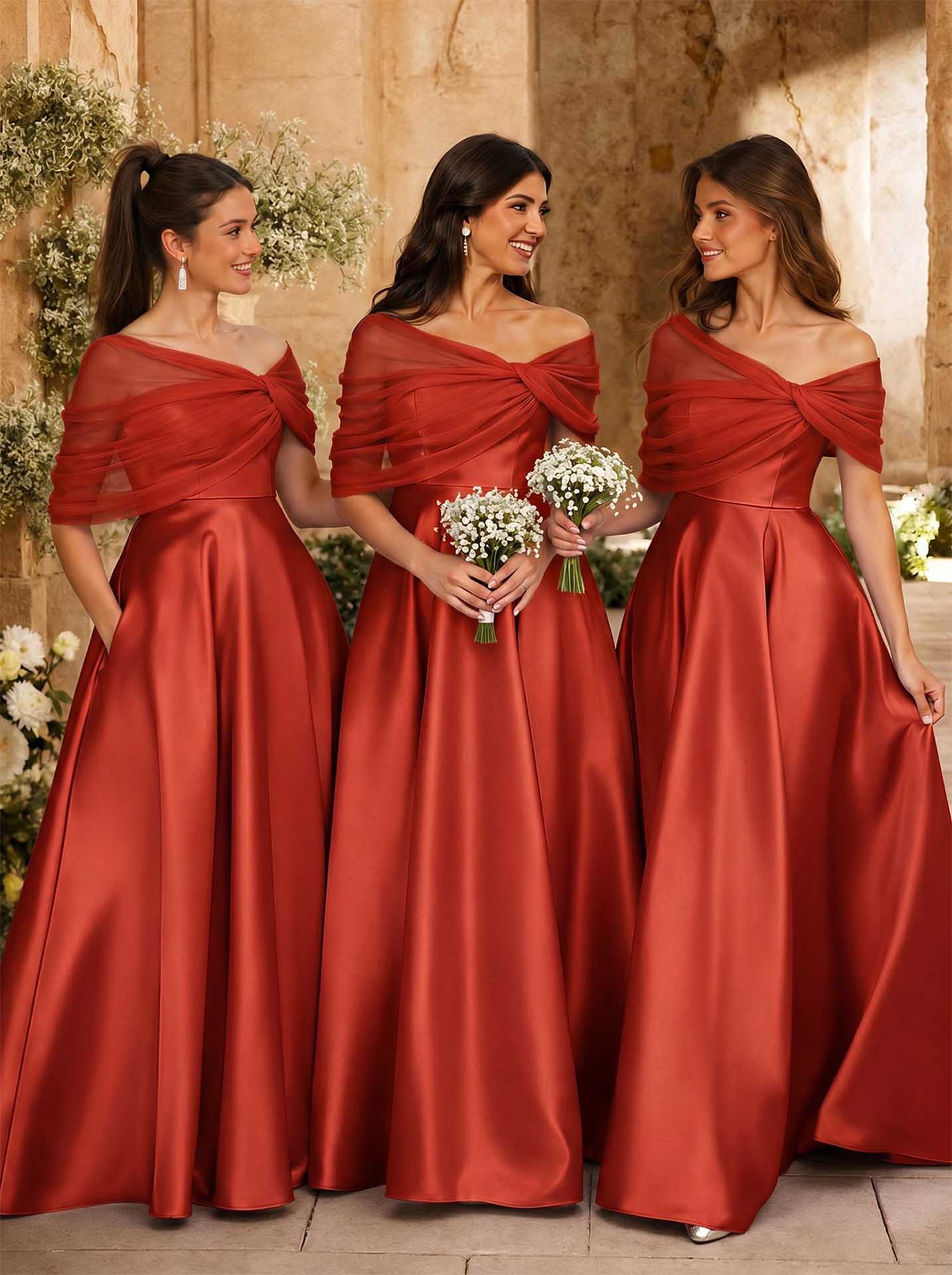 A-Line Asymmetrical Short Sleeves Sweep Train Satin Tulle Bridesmaid Dresses With Sweeping Side Drape, product image 38