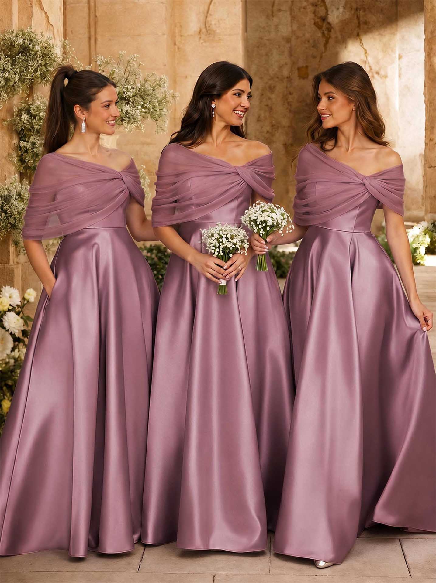 A-Line Asymmetrical Short Sleeves Sweep Train Satin Tulle Bridesmaid Dresses With Sweeping Side Drape, product image 60