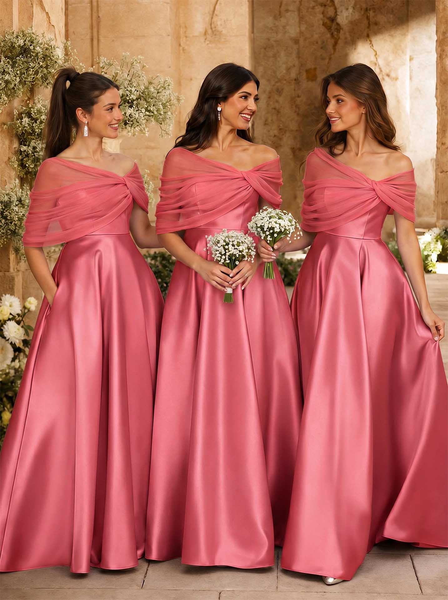A-Line Asymmetrical Short Sleeves Sweep Train Satin Tulle Bridesmaid Dresses With Sweeping Side Drape, product image 40
