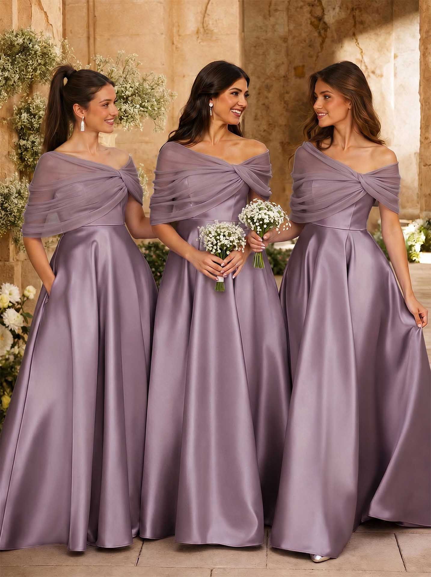 A-Line Asymmetrical Short Sleeves Sweep Train Satin Tulle Bridesmaid Dresses With Sweeping Side Drape, product image 58