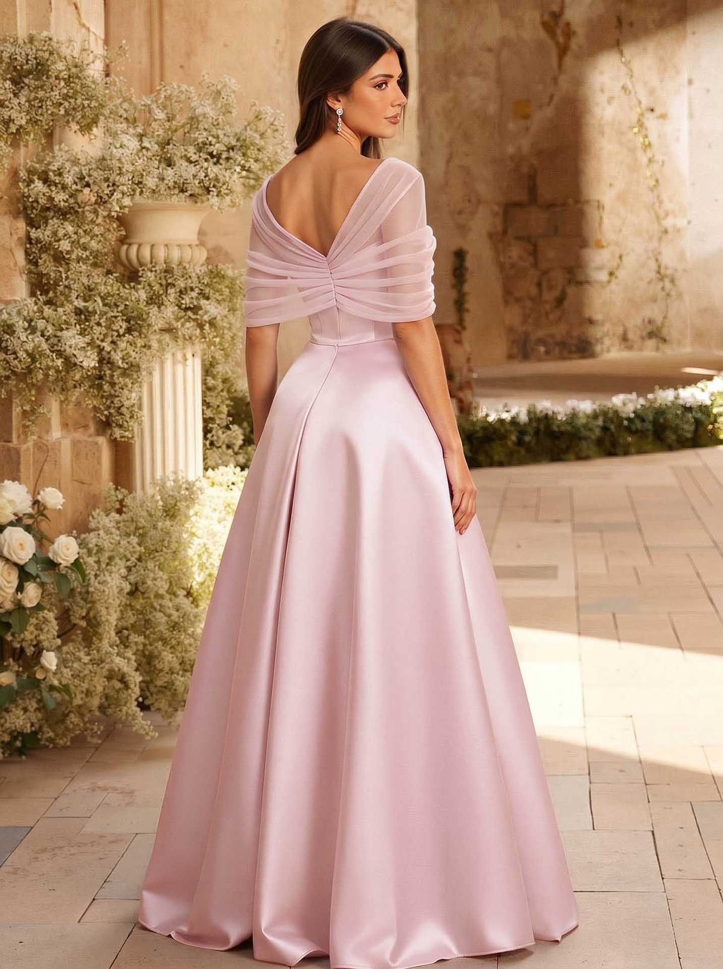 A-Line Asymmetrical Short Sleeves Sweep Train Satin Tulle Bridesmaid Dresses With Sweeping Side Drape, product image 53