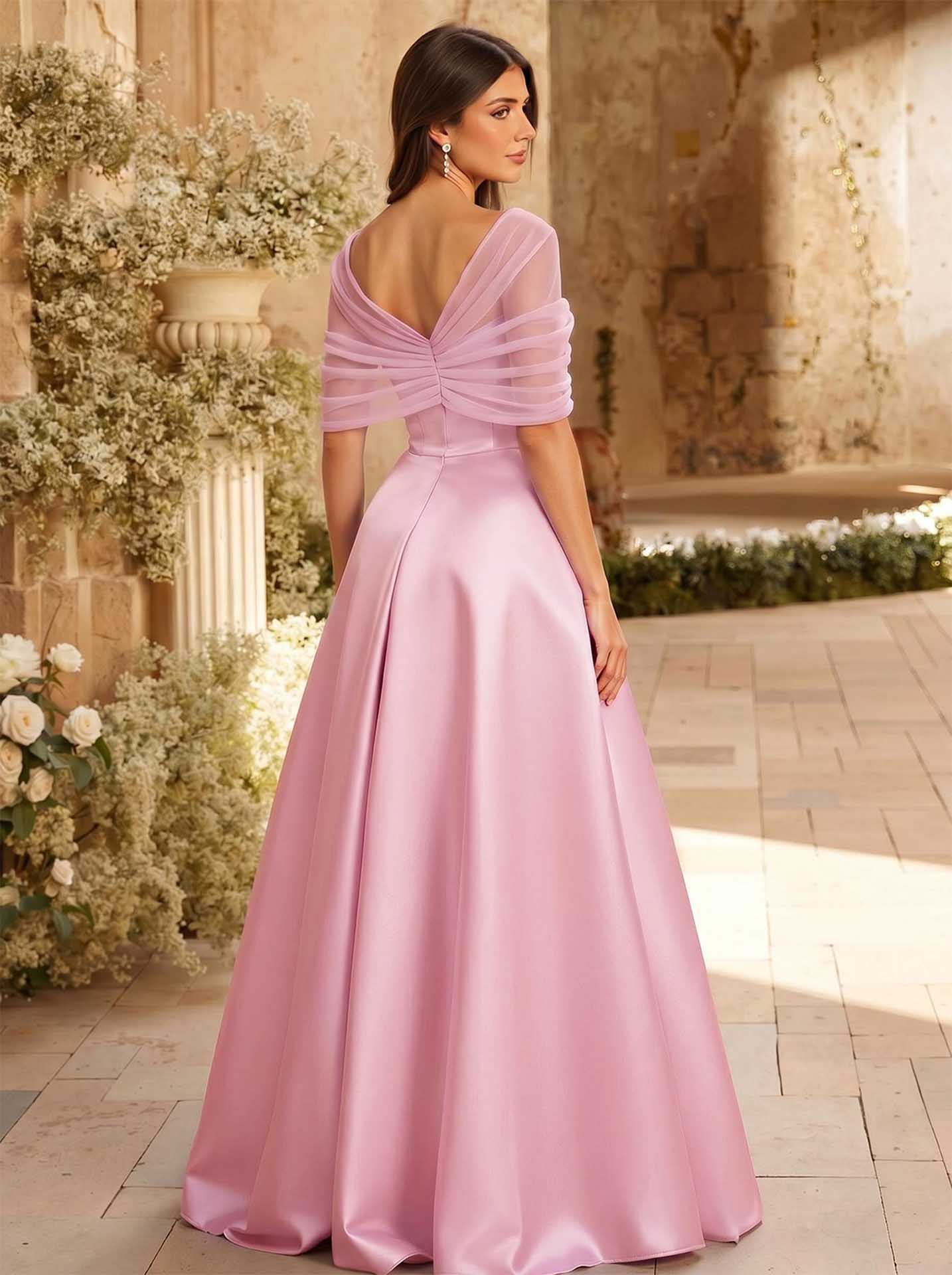 A-Line Asymmetrical Short Sleeves Sweep Train Satin Tulle Bridesmaid Dresses With Sweeping Side Drape, product image 55