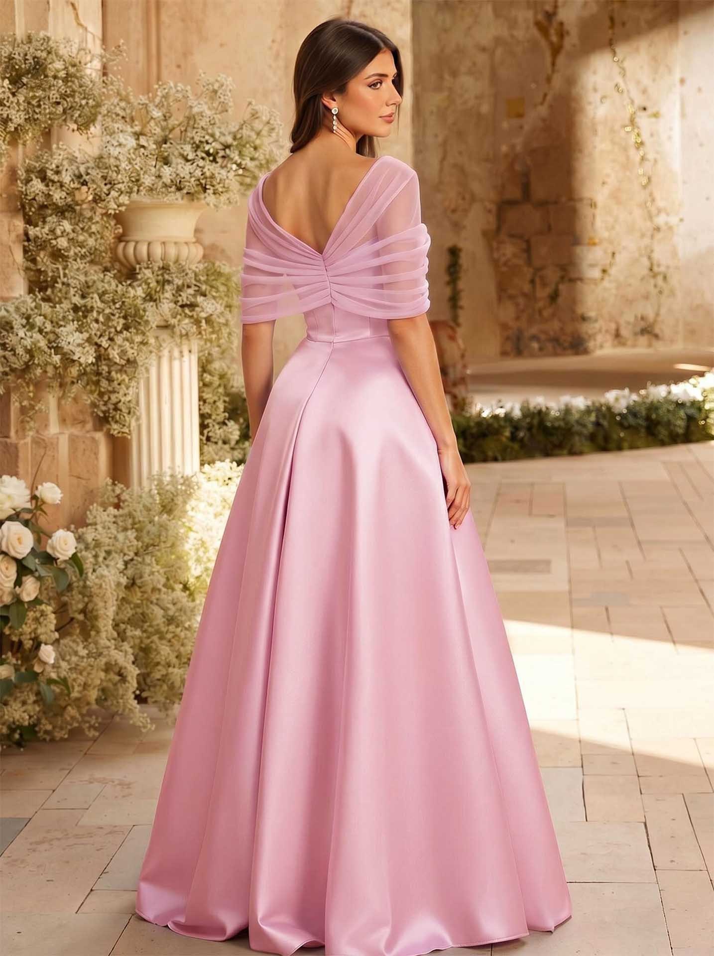 A-Line Asymmetrical Short Sleeves Sweep Train Satin Tulle Bridesmaid Dresses With Sweeping Side Drape, product image 55
